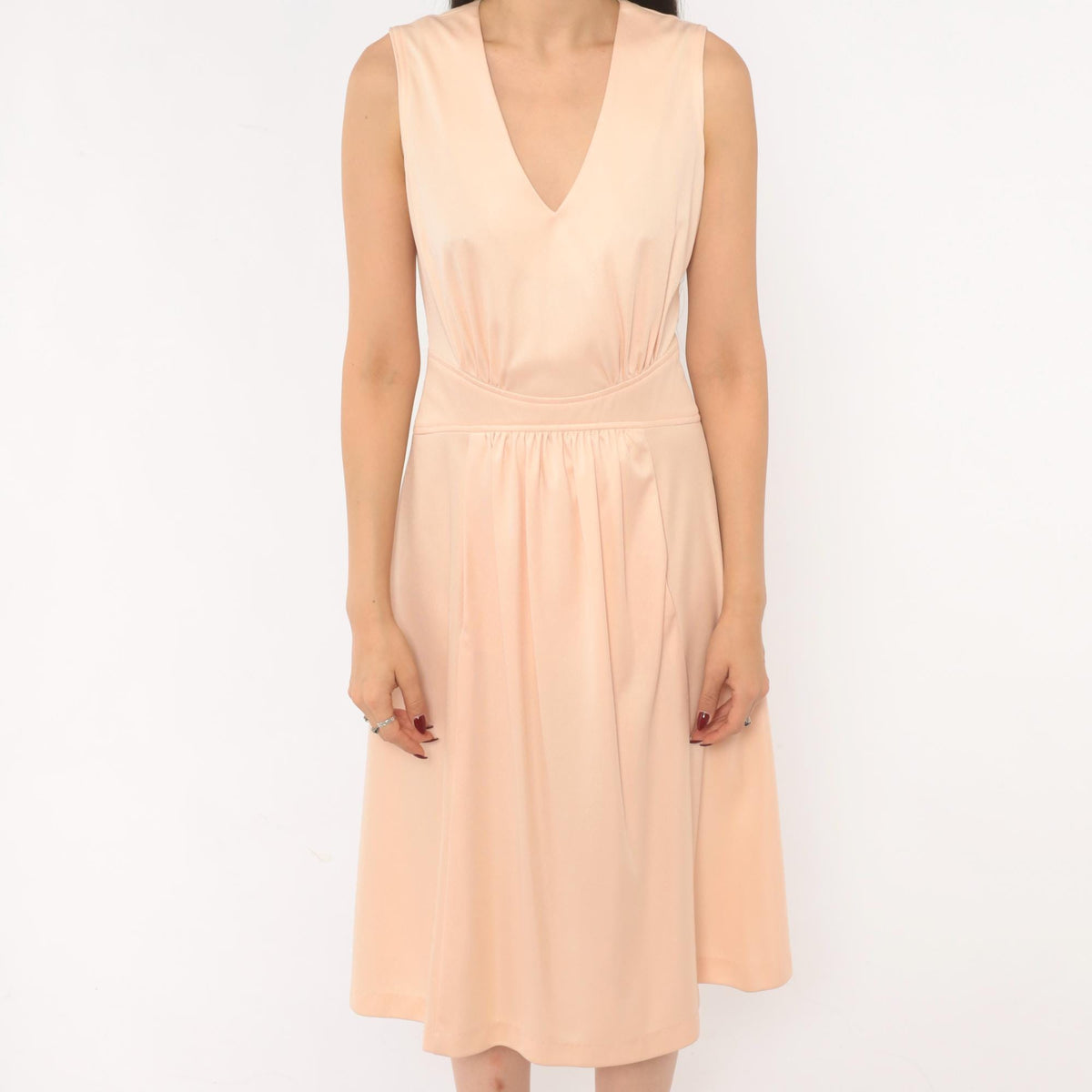 70s Plaza South Peach V-Neck Sundress Pleated Flare Midi Small