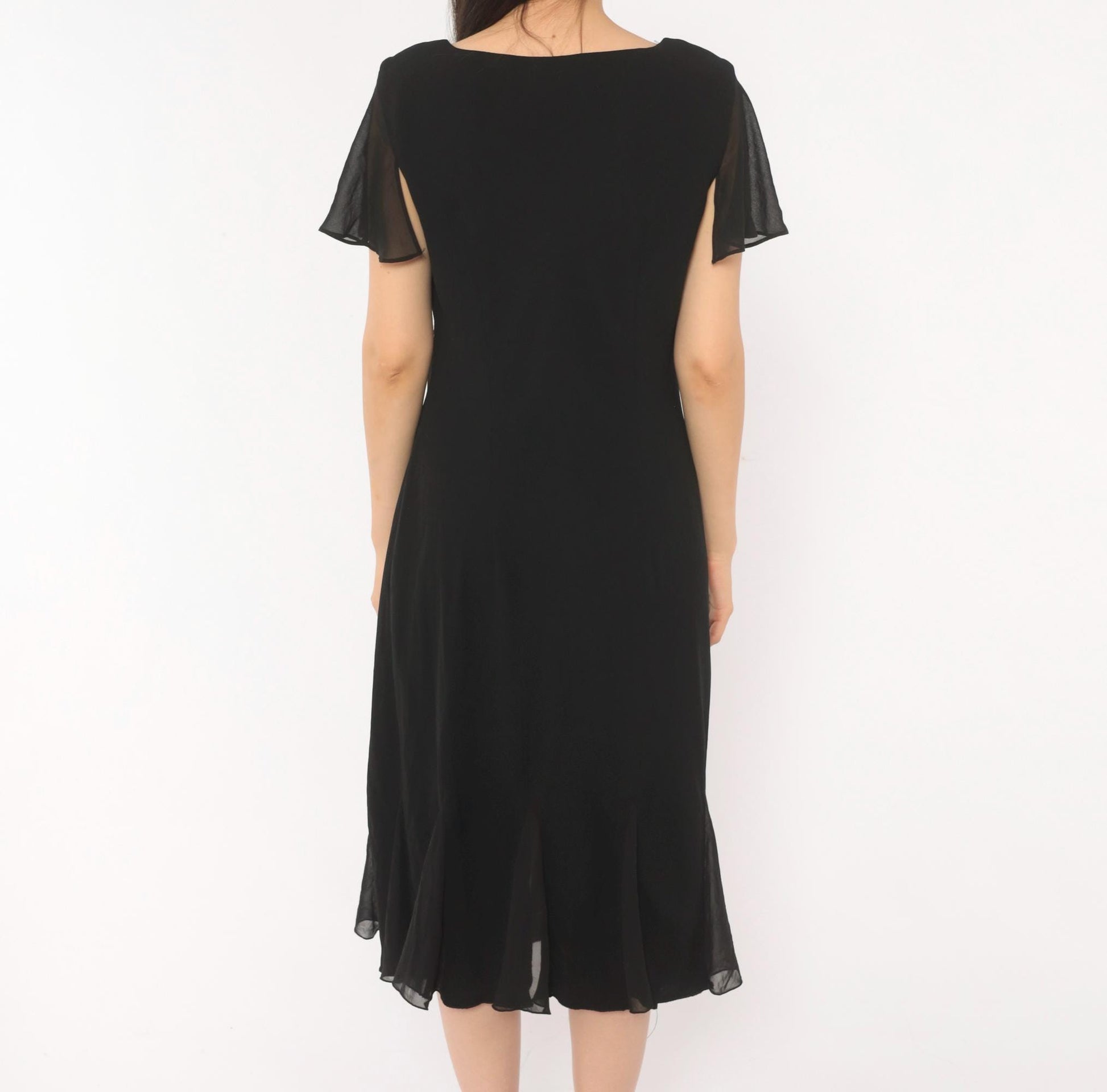 90s SL Fashions Black Chiffon Midi Dress Cowl Neck Flutter Sleeve Large