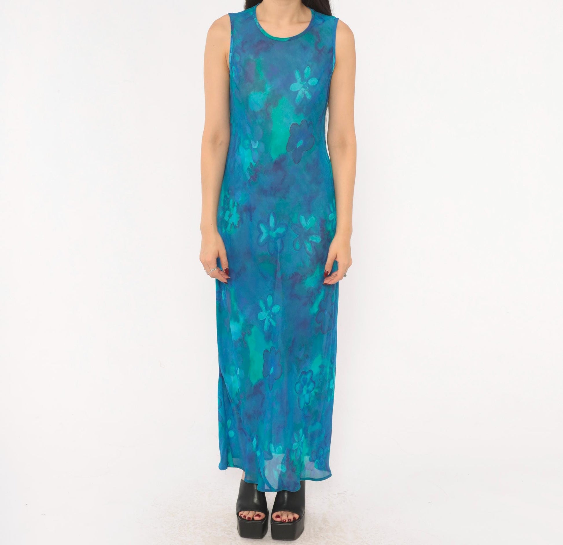 90s Mica Floral Maxi Dress Blue Teal Watercolor Chiffon Sleeveless Small S