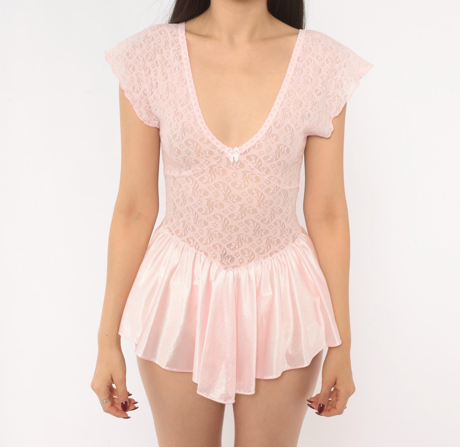 90s Cinema Etoile Pink Lace Babydoll Top Flutter Sleeve Bow Small S