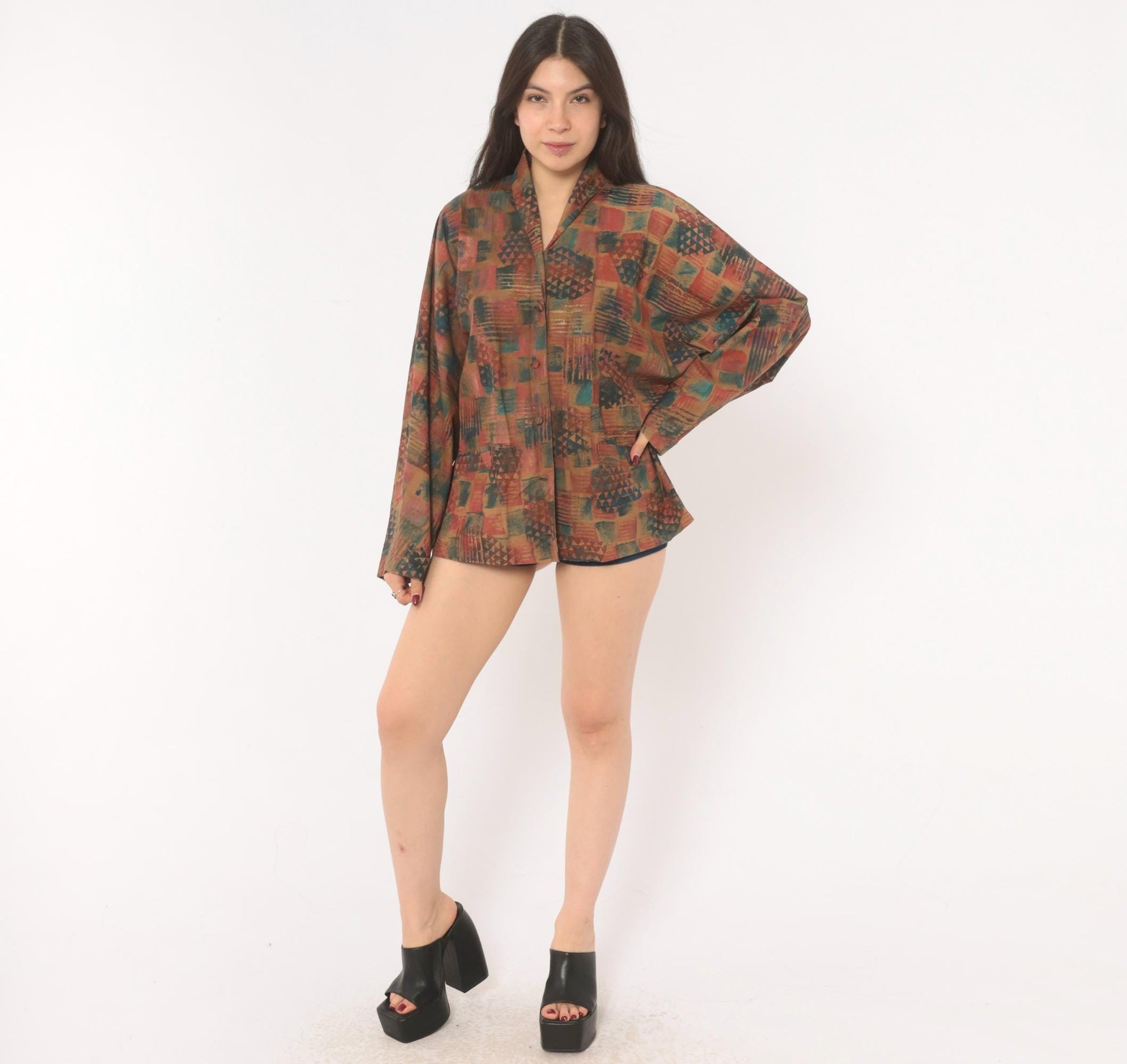 Y2K Abstract Geometric Blazer Shawl Collar Patchwork Rust Teal Medium M