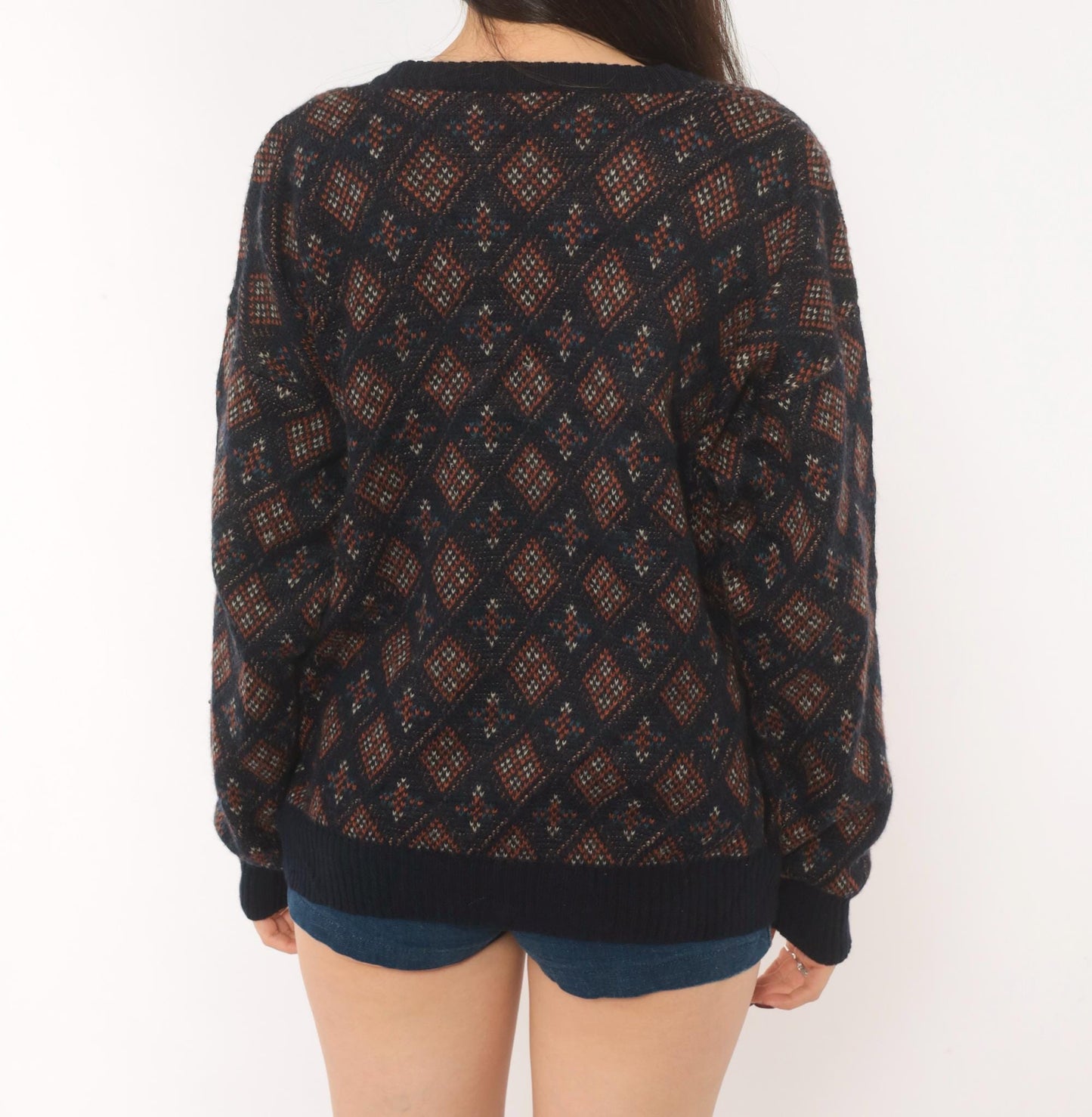 90s Robert Banks Wool Argyle Sweater Navy Rust Geometric Fair Isle Large L