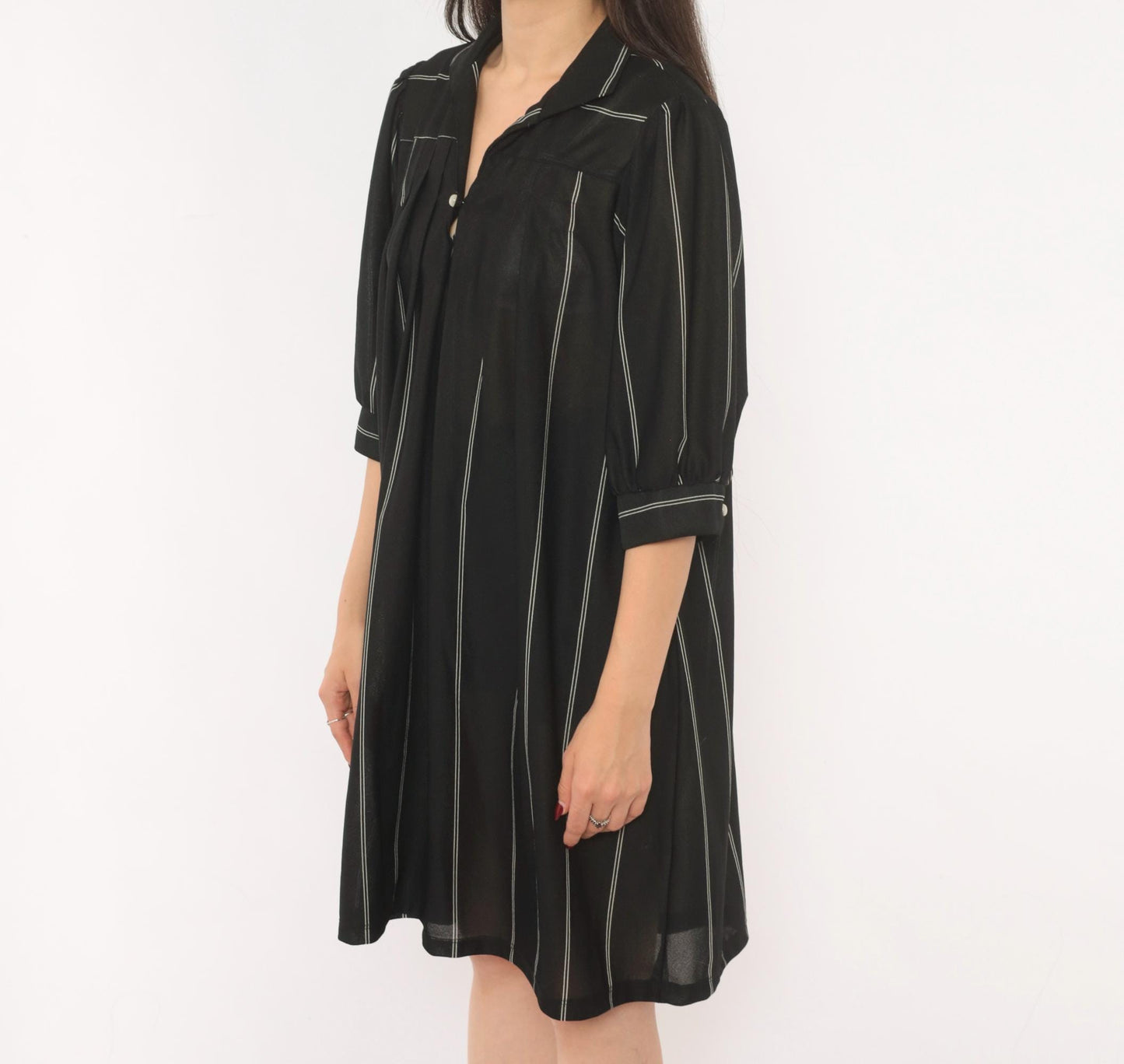 70s Black Pinstripe Shirt Dress Knee-Length Collared Button Front Medium