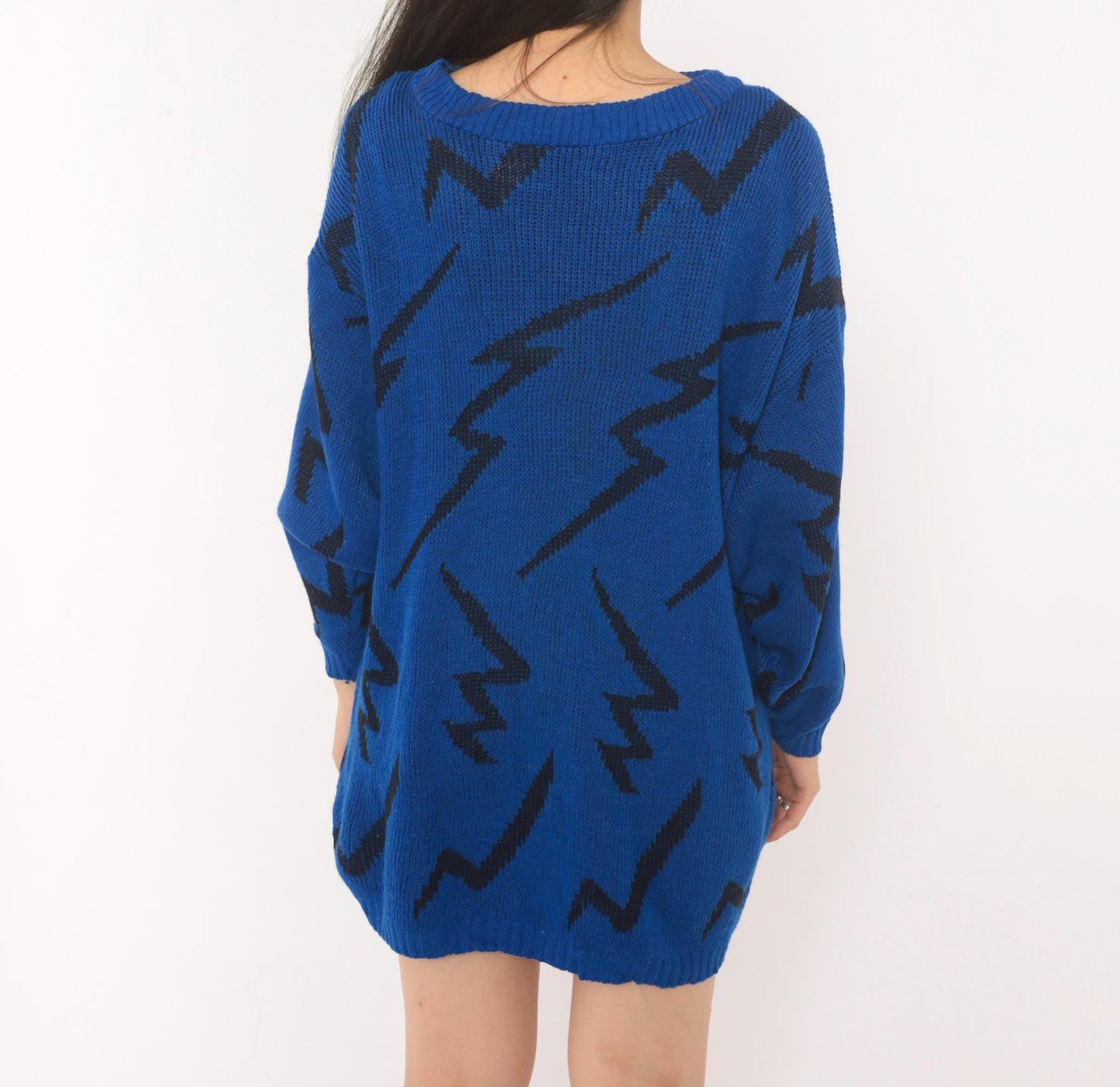 80s Cobalt Blue Lightning Bolt Knit Pullover Black Zigzag Crewneck Medium
