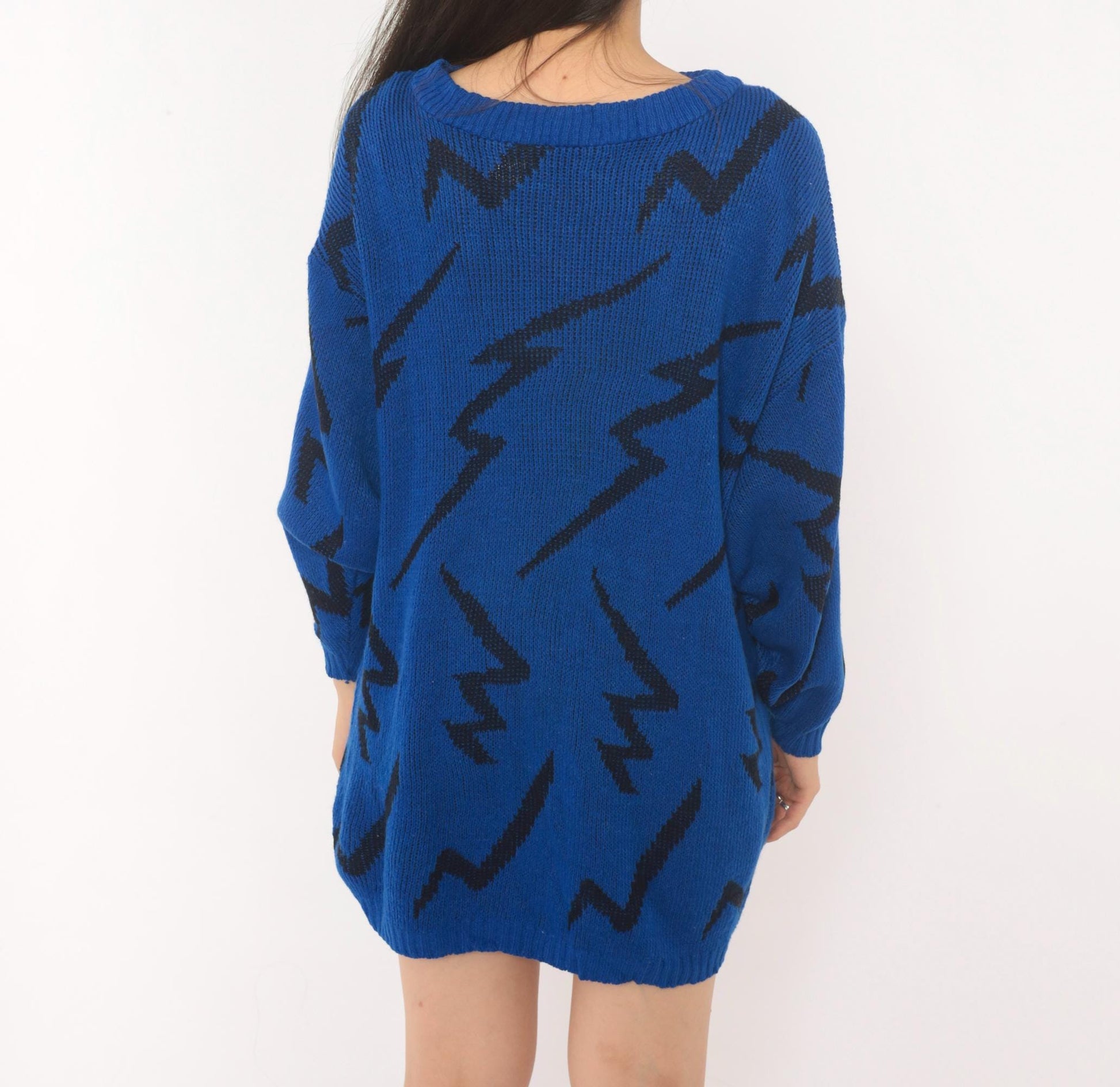 80s Cobalt Blue Lightning Bolt Knit Pullover Black Zigzag Crewneck Medium