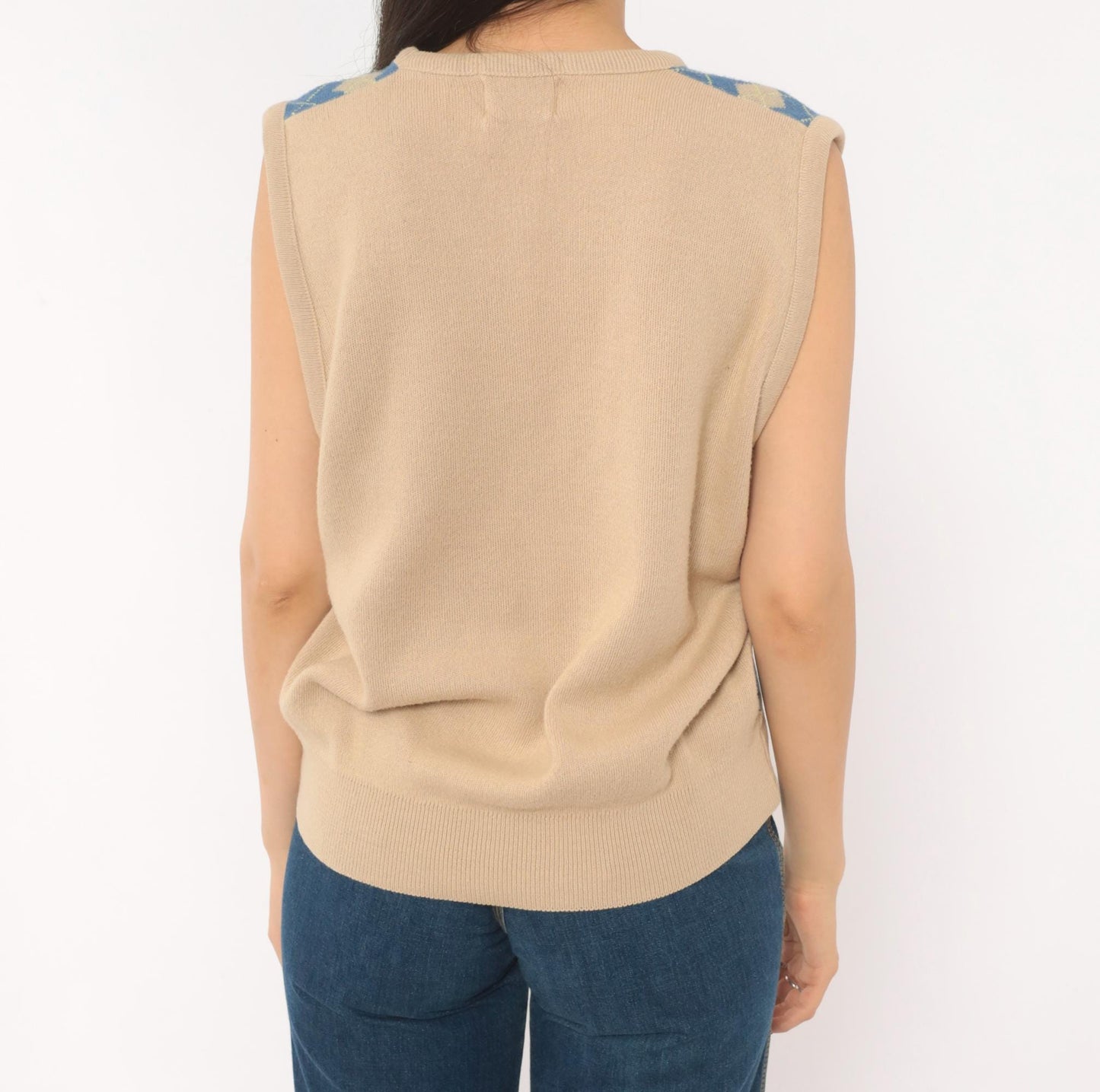 70s Pinnacle Argyle Knit Vest Blue Tan Diamond V-Neck Medium