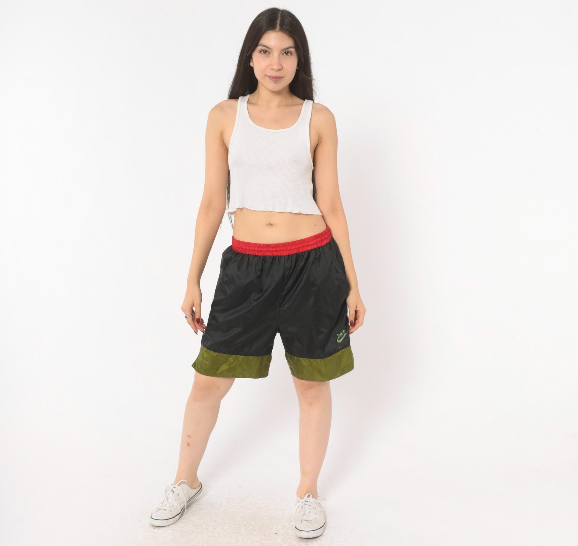 90s Nike Windbreaker Shorts Black Olive Red Color Block Medium M