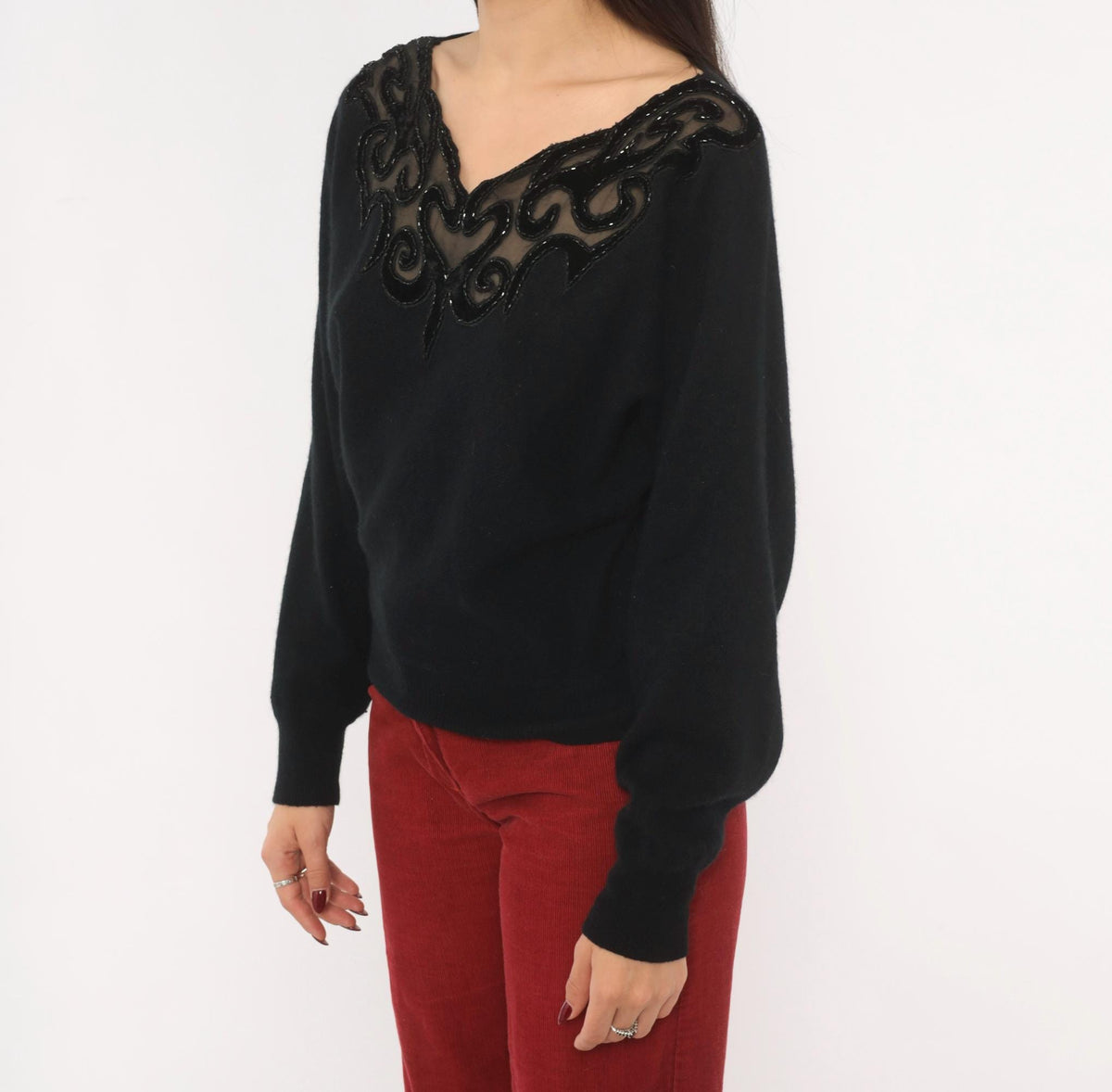 80s Sunbow 2 Black Beaded Mesh V-Neck Angora Pullover Dolman Sleeve Medium