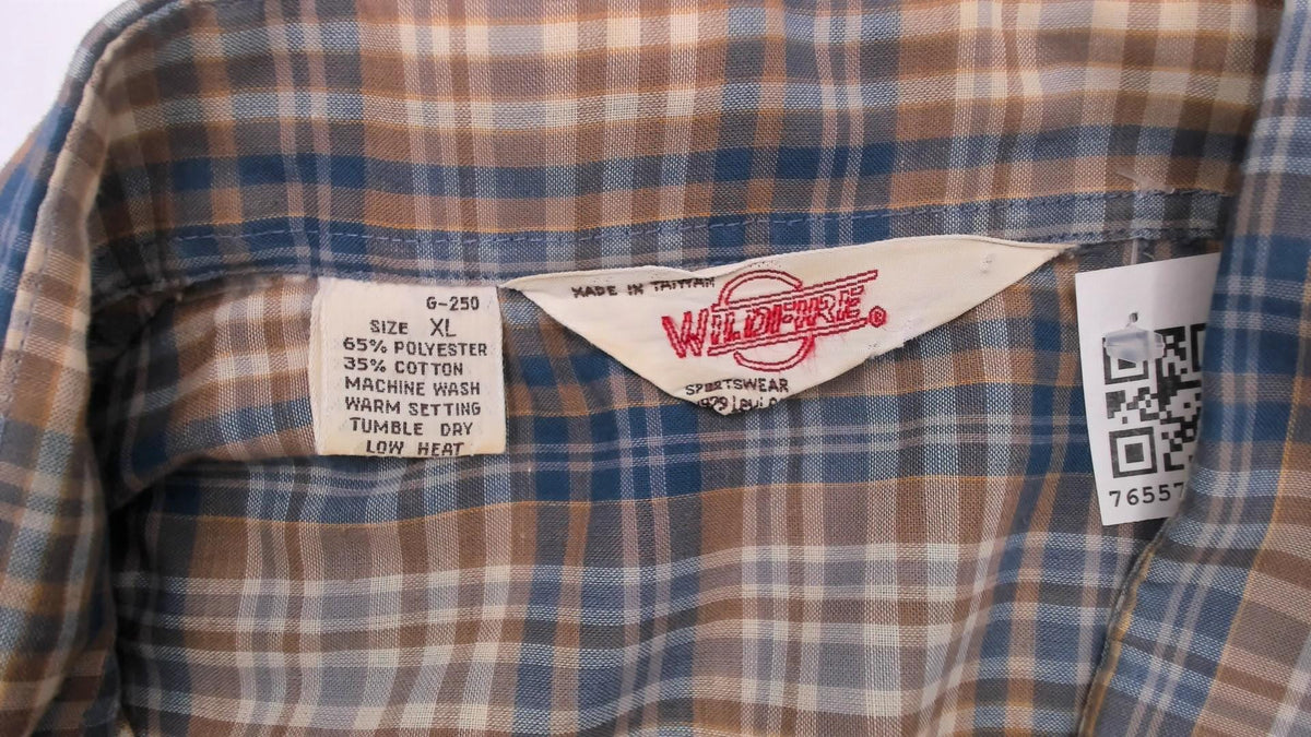 80s Levis Wildfire Plaid Button-Up Shirt Blue Tan Check Mens Medium