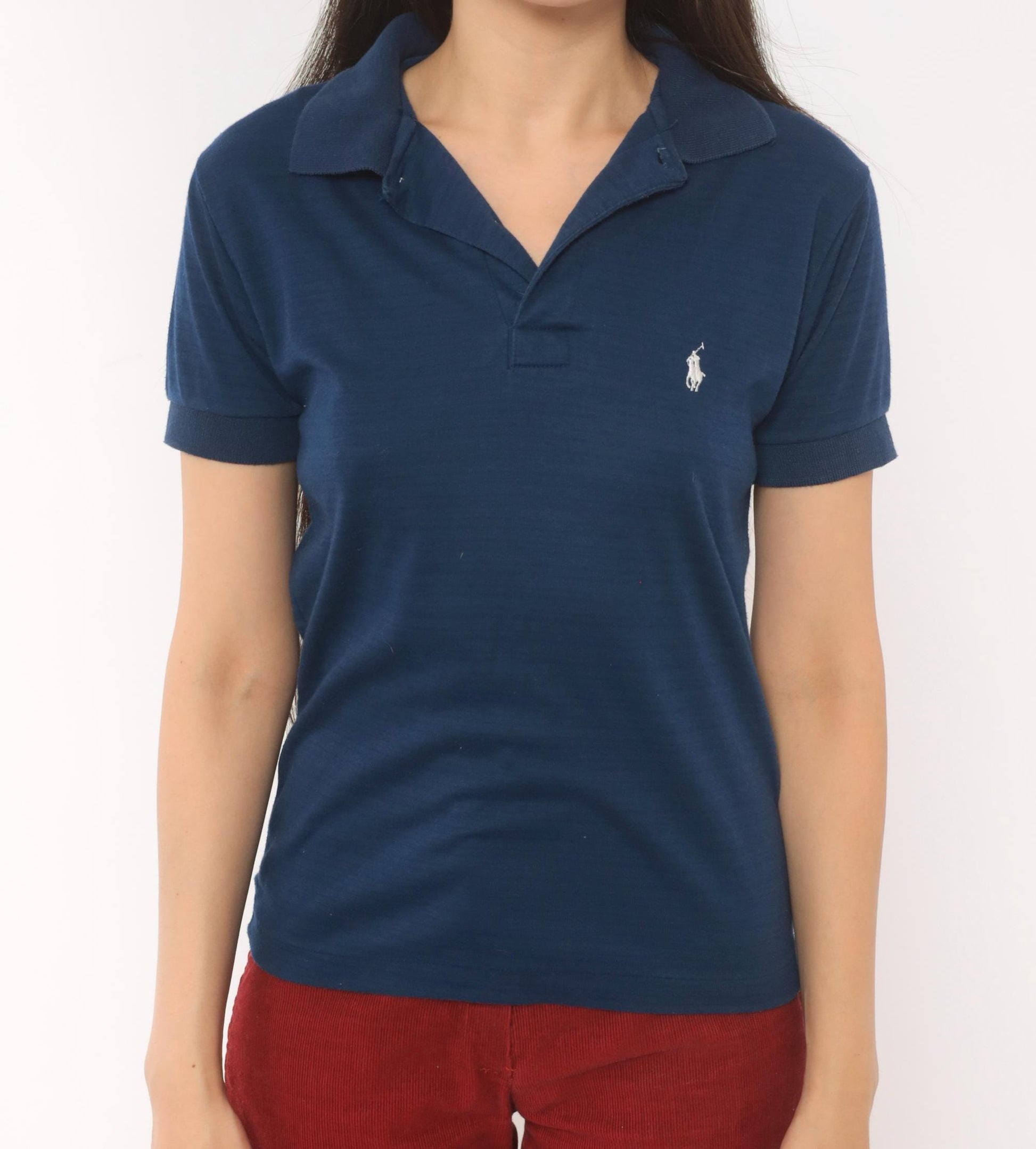 90s Ralph Lauren Polo Navy Cotton Short Sleeve V-Neck Shirt White Logo Extra Small XS