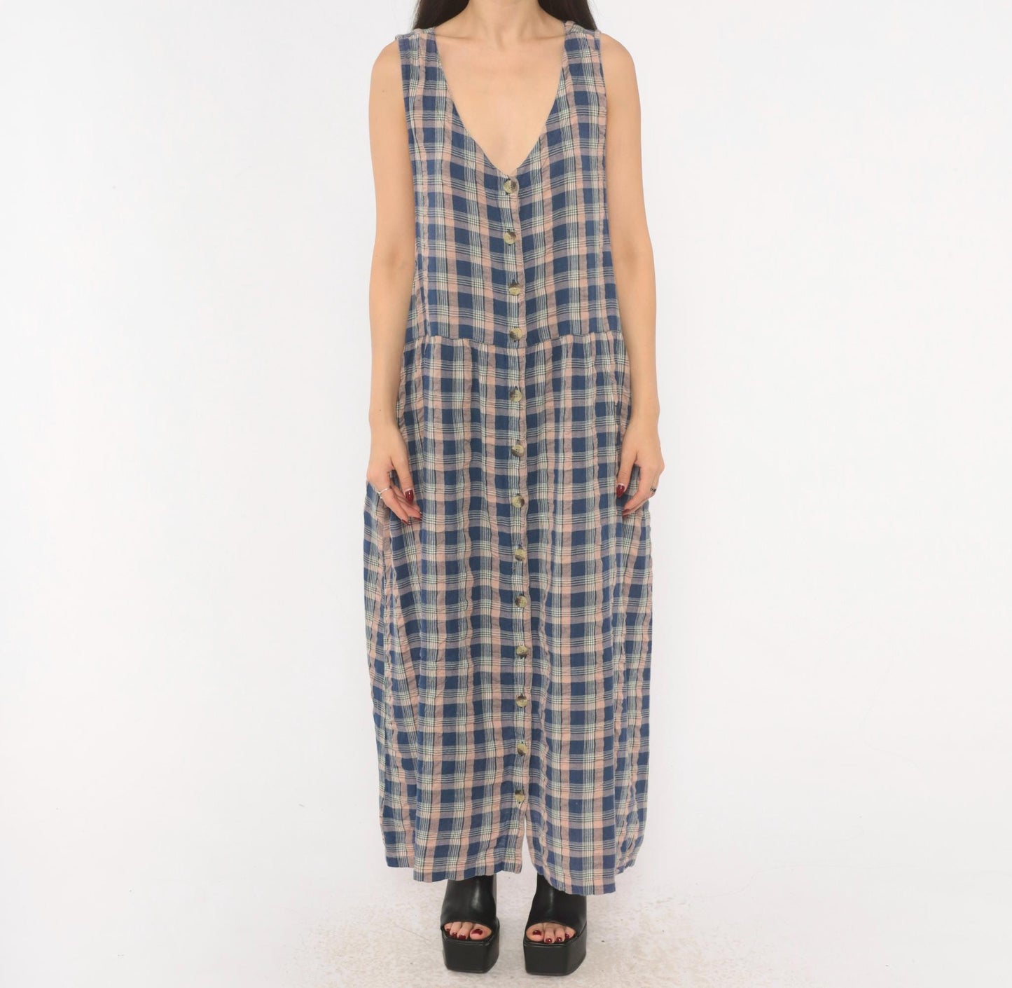 90s Lauren Brooke Plus Plaid Maxi Dress Button Front Cotton Blue Pink 1X