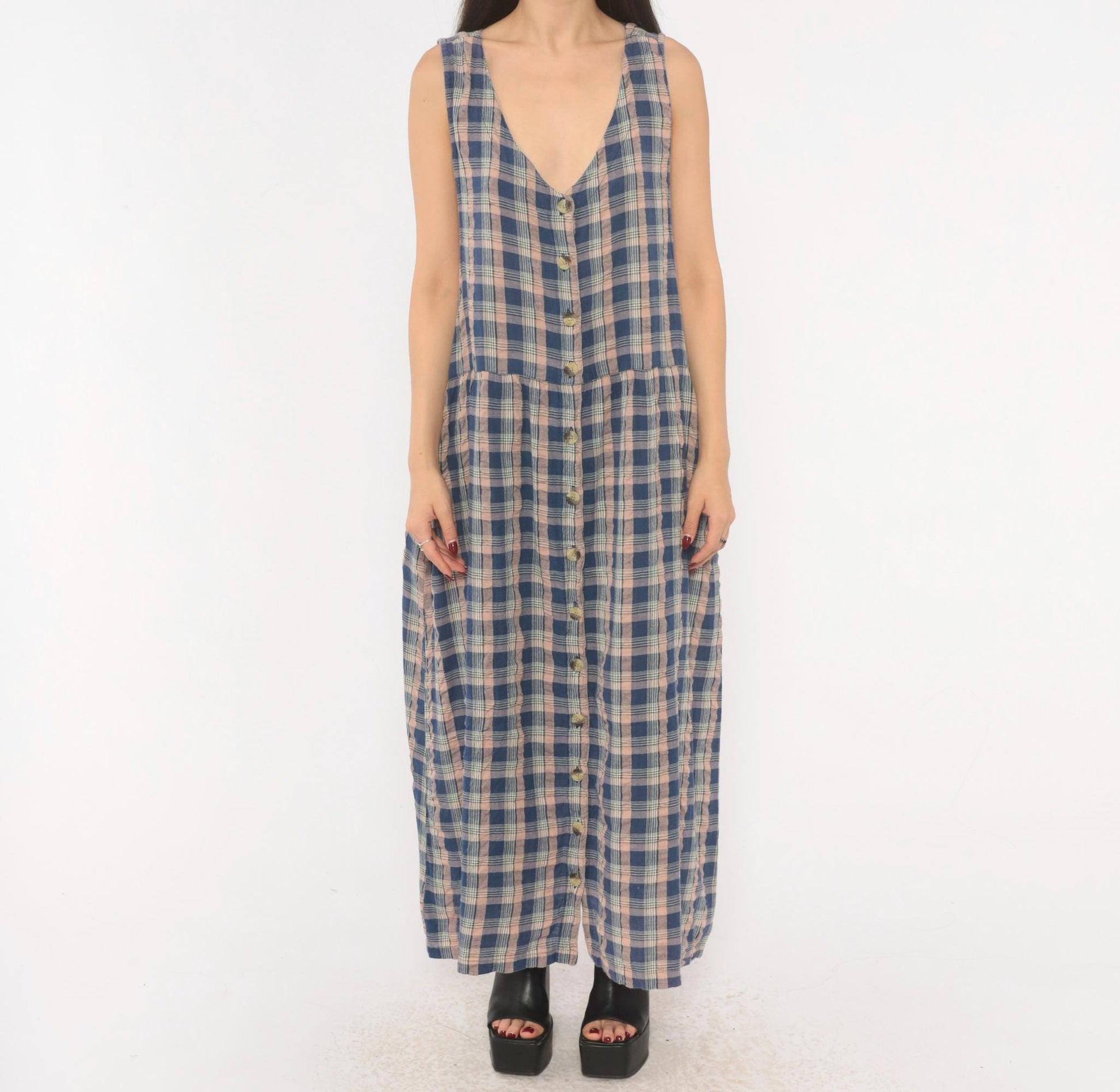 90s Lauren Brooke Plus Plaid Maxi Dress Button Front Cotton Blue Pink 1X