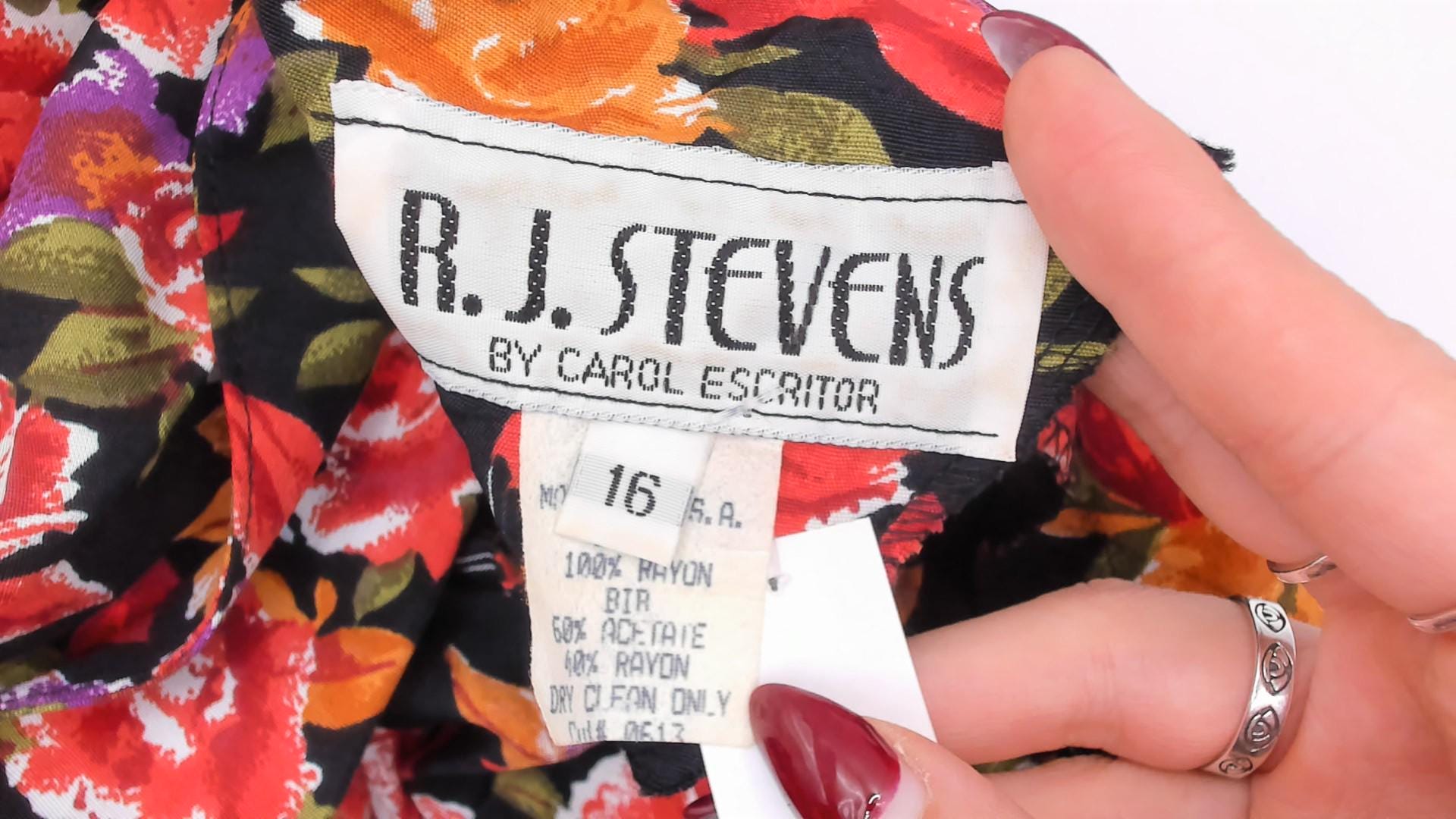 90s R.J. Stevens Floral Wrap Dress Deep V Midi Black Rose Print Large