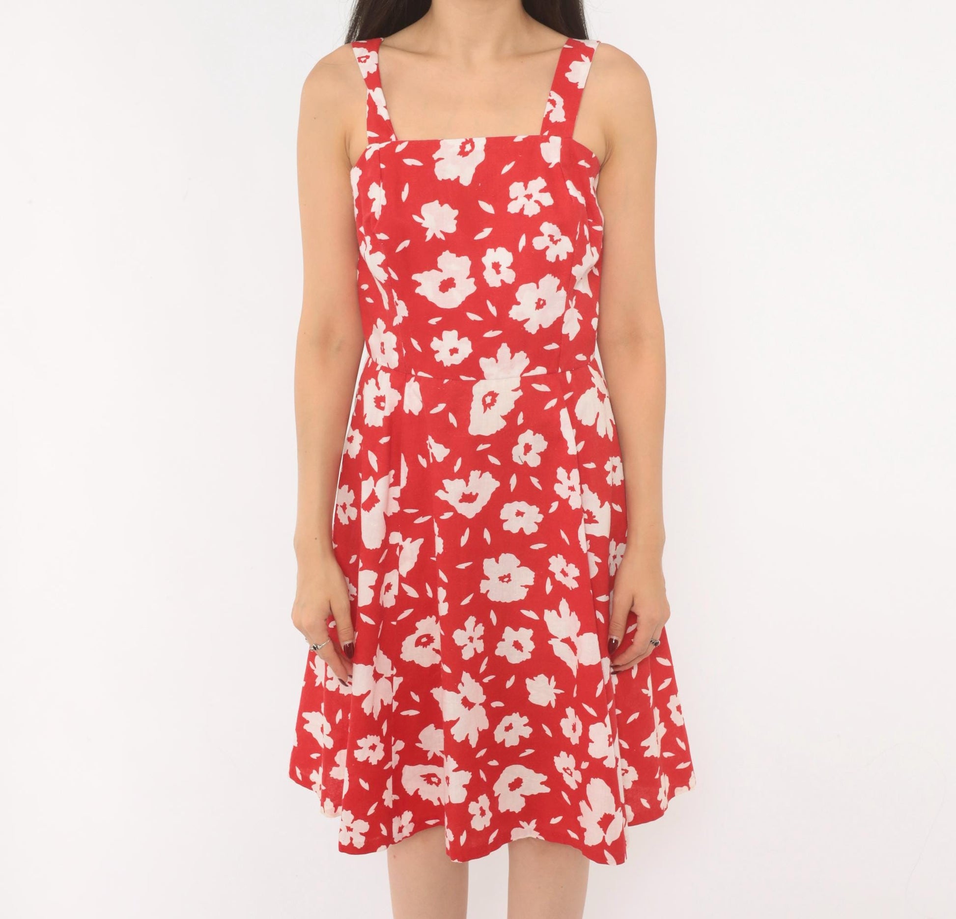 80s Red Floral Cotton Sundress White Square Neck A-Line Knee Length Extra Small XS