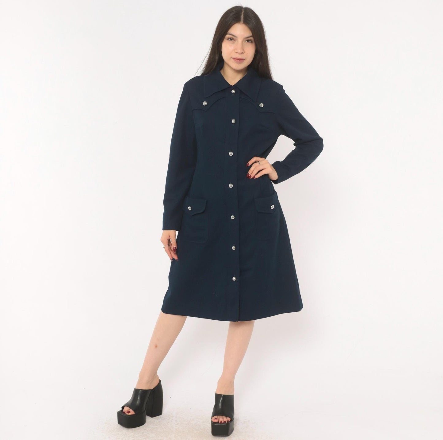 70s R & K Originals Navy Coat Dress Western Yoke Silver Buttons Medium