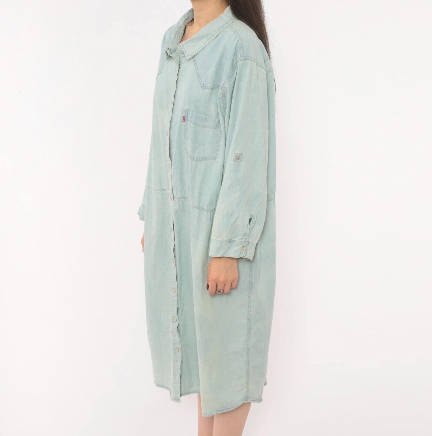 00s Levis Light Wash Denim Shirt Dress Western Yoke Midi Cotton Plus Size 3XL