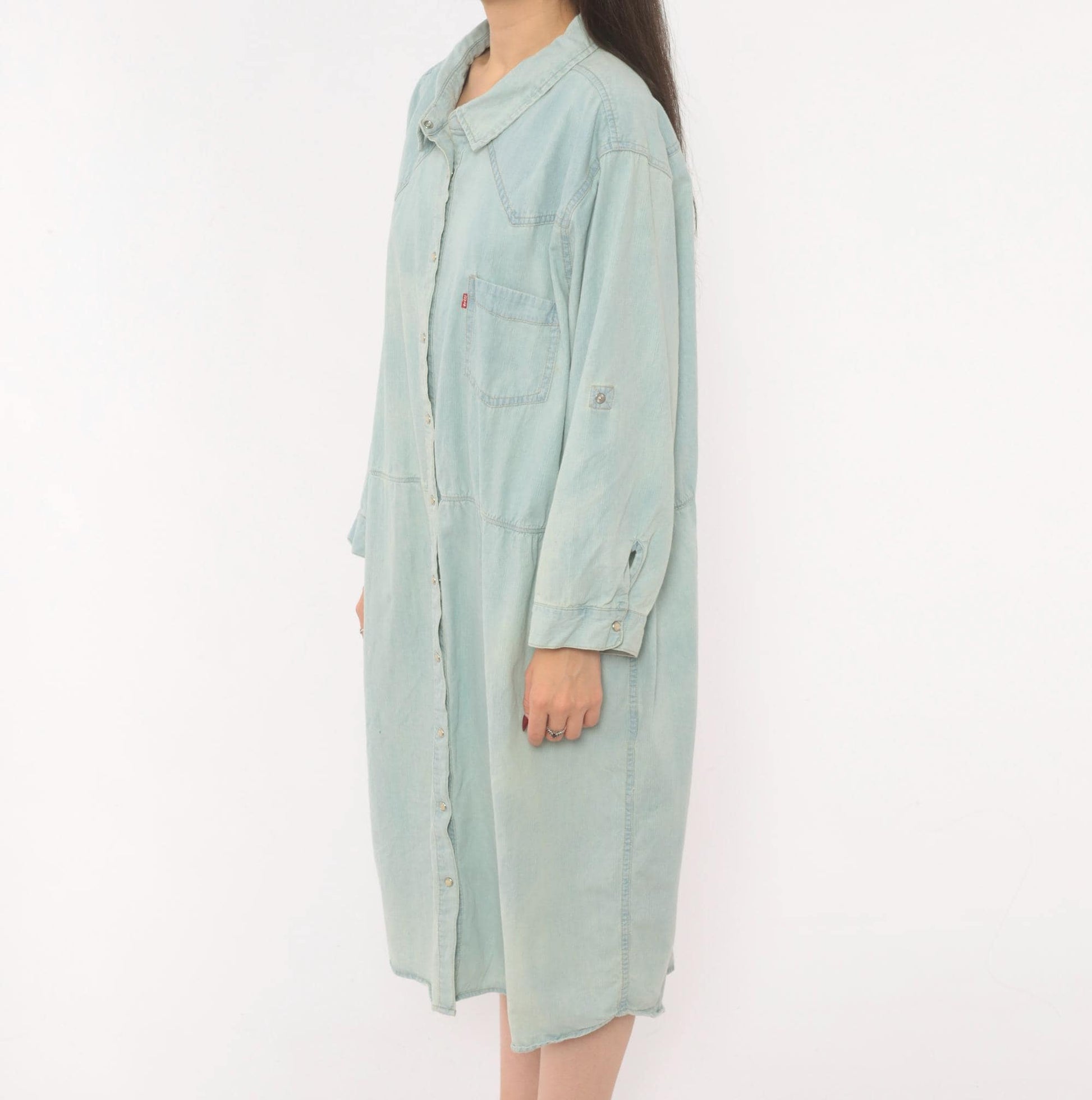 00s Levis Light Wash Denim Shirt Dress Western Yoke Midi Cotton Plus Size 3XL
