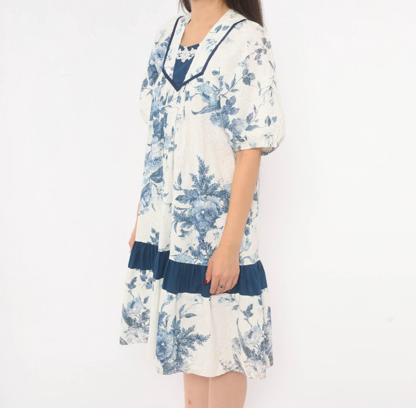 80s Liberty House Blue Floral Toile Cotton Dress V-Neck Puff Sleeve Extra Small XS