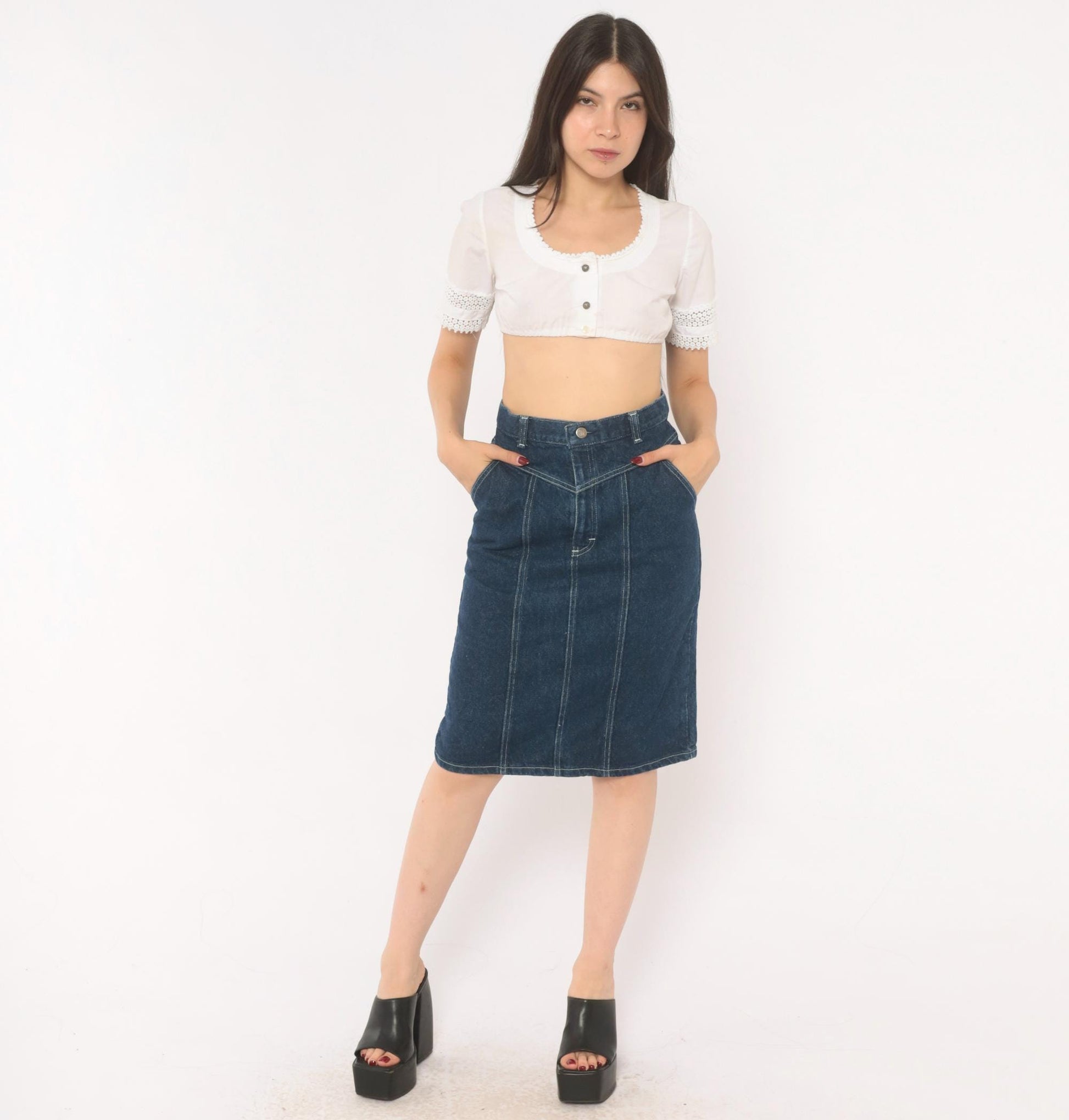 80s Cheryl Tiegs Denim Pencil Skirt High Waist Dark Wash Western Yoke Small S