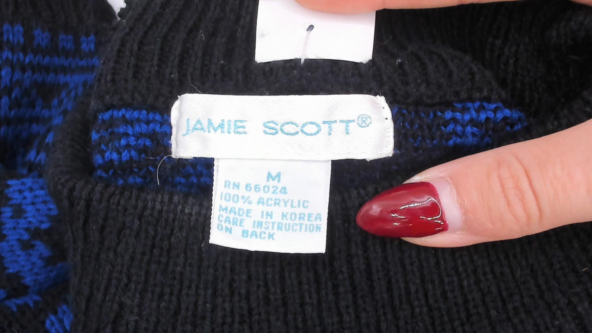 80s Jamie Scott Floral Knit Sweater Black Blue Rose Jacquard Medium