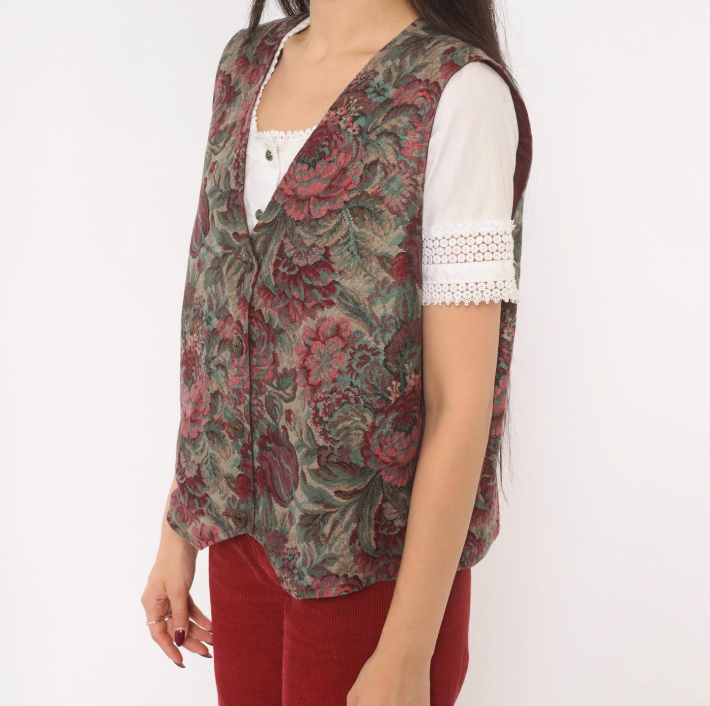 90s Floral Tapestry Vest Burgundy Teal Rose Jacquard Button Front Large L
