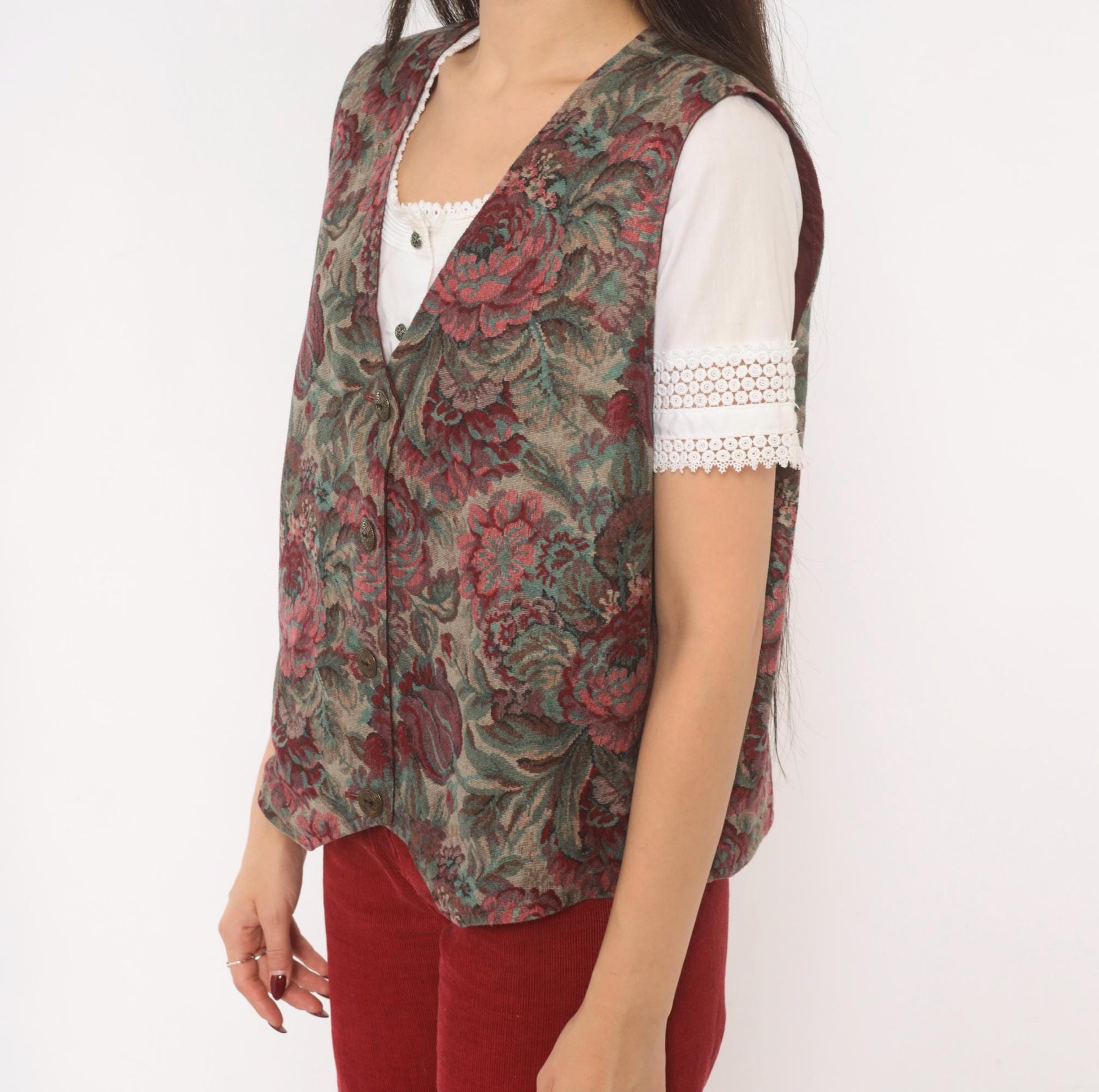 90s Floral Tapestry Vest Burgundy Teal Rose Jacquard Button Front Large L