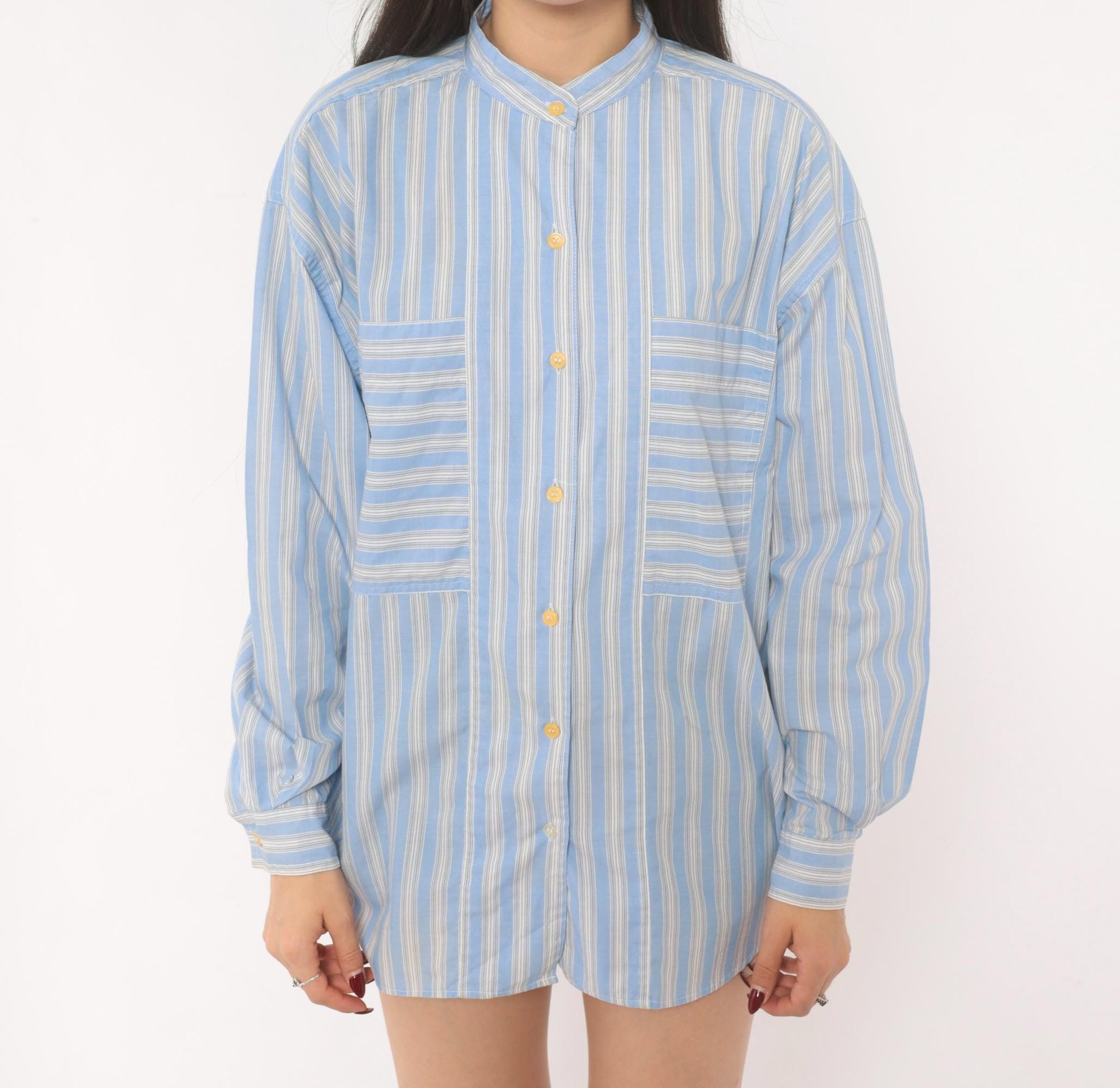 90s Gap Blue White Striped Shirt Band Collar Cotton Blouse Medium M