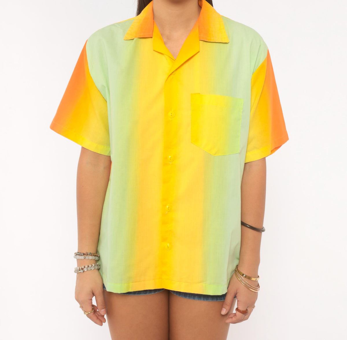 70s Gradient Camp Collar Shirt Orange Yellow Green Colorblock Medium