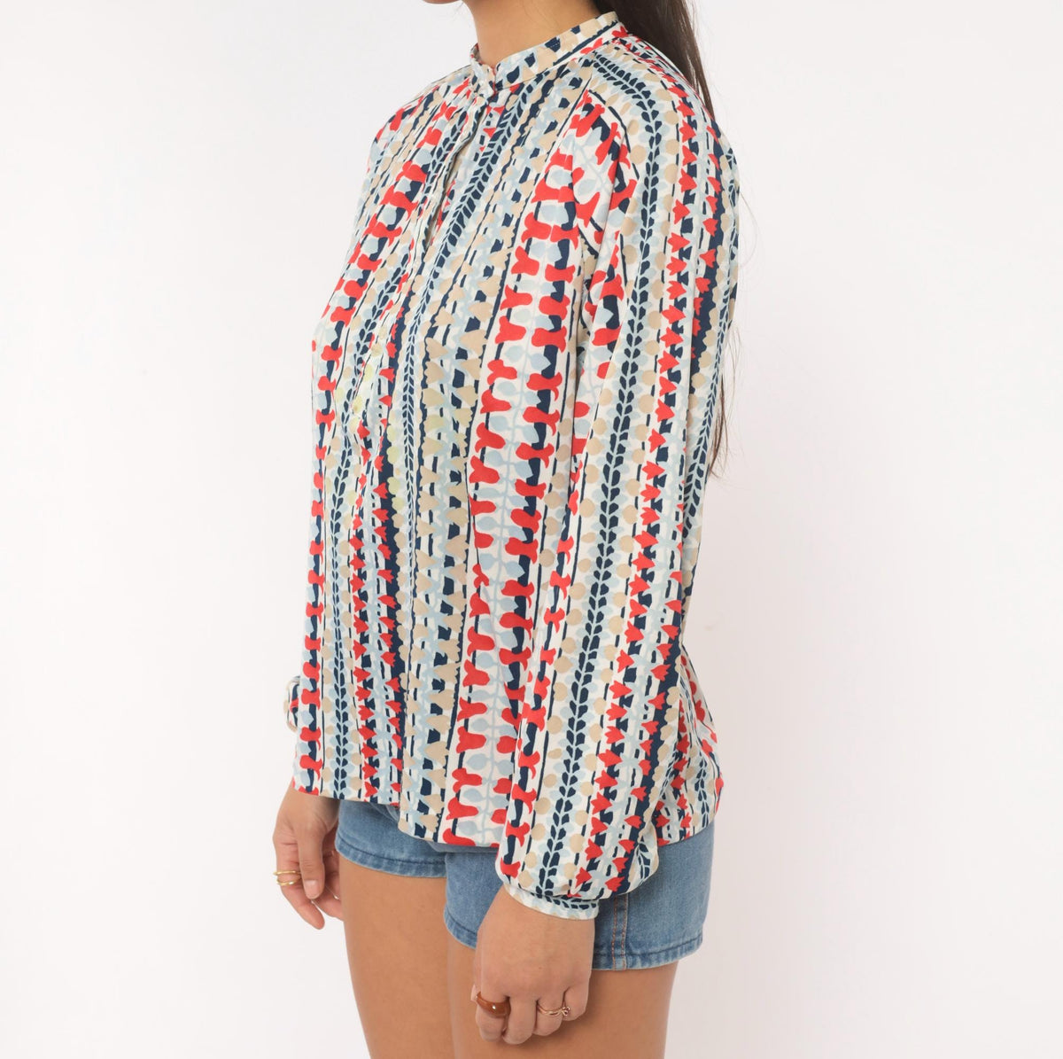70s Cricket Lane Mandarin Collar Blouse Red Navy Leaf Print Medium