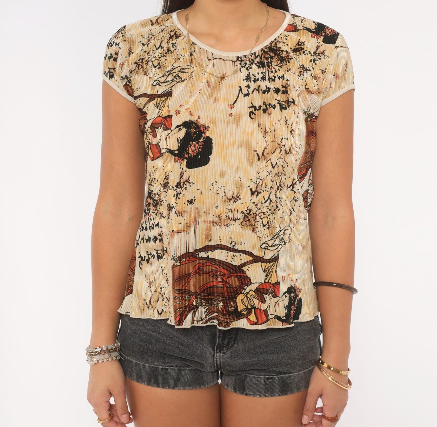 Y2K Pretty Girl Geisha Cap Sleeve Top Tan Brown Red Small S