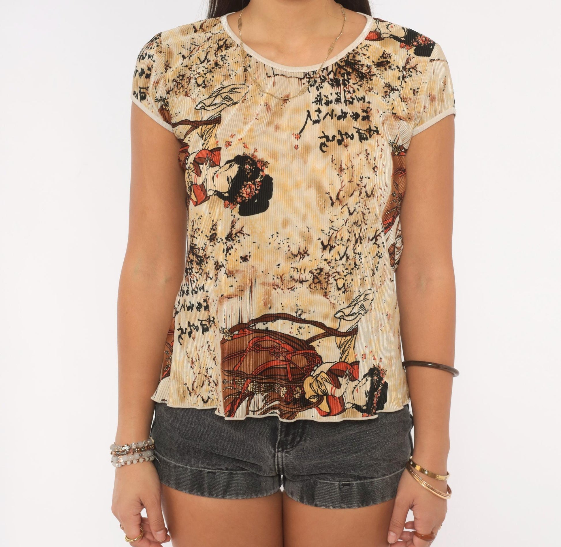 Y2K Pretty Girl Geisha Cap Sleeve Top Tan Brown Red Small S