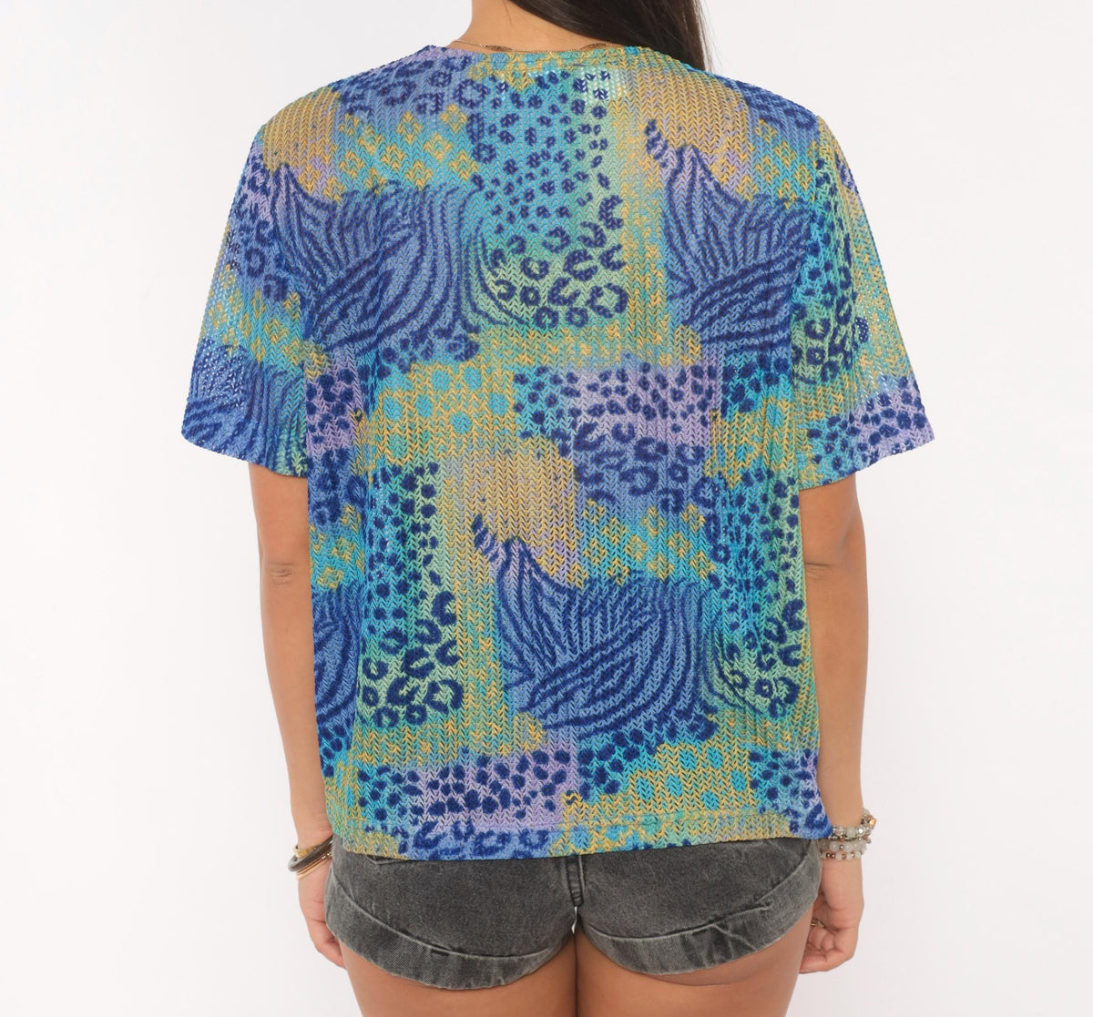 90s Miss Dorby Sheer Mesh Cardigan Tropical Leaf Leopard Print Teal Medium Large