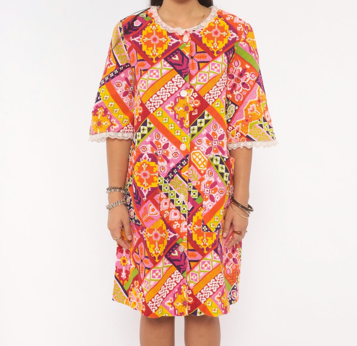 1970s Patchwork Button Front Shift Dress Knee Length Cotton Multicolor Medium M