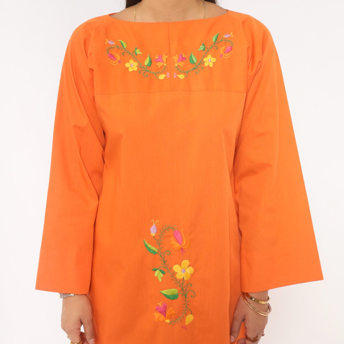 70s Orange Embroidered Maxi Dress Cotton Floral Bell Sleeve Boat Neck Medium M