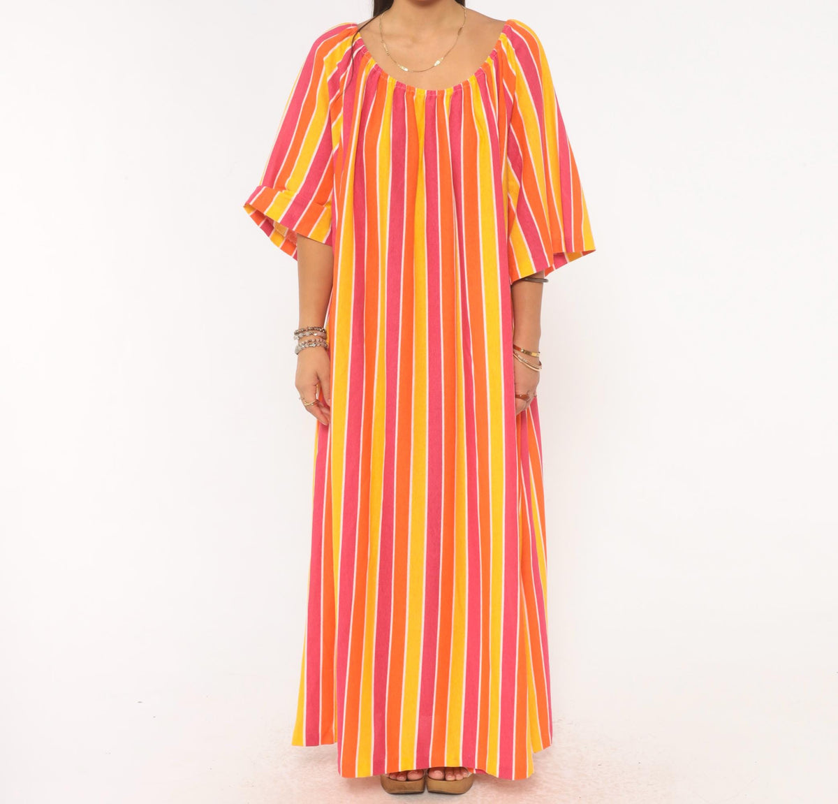 70s Striped Caftan Orange Pink Yellow Cotton Maxi Dress Flutter Sleeve Plus Size 3X