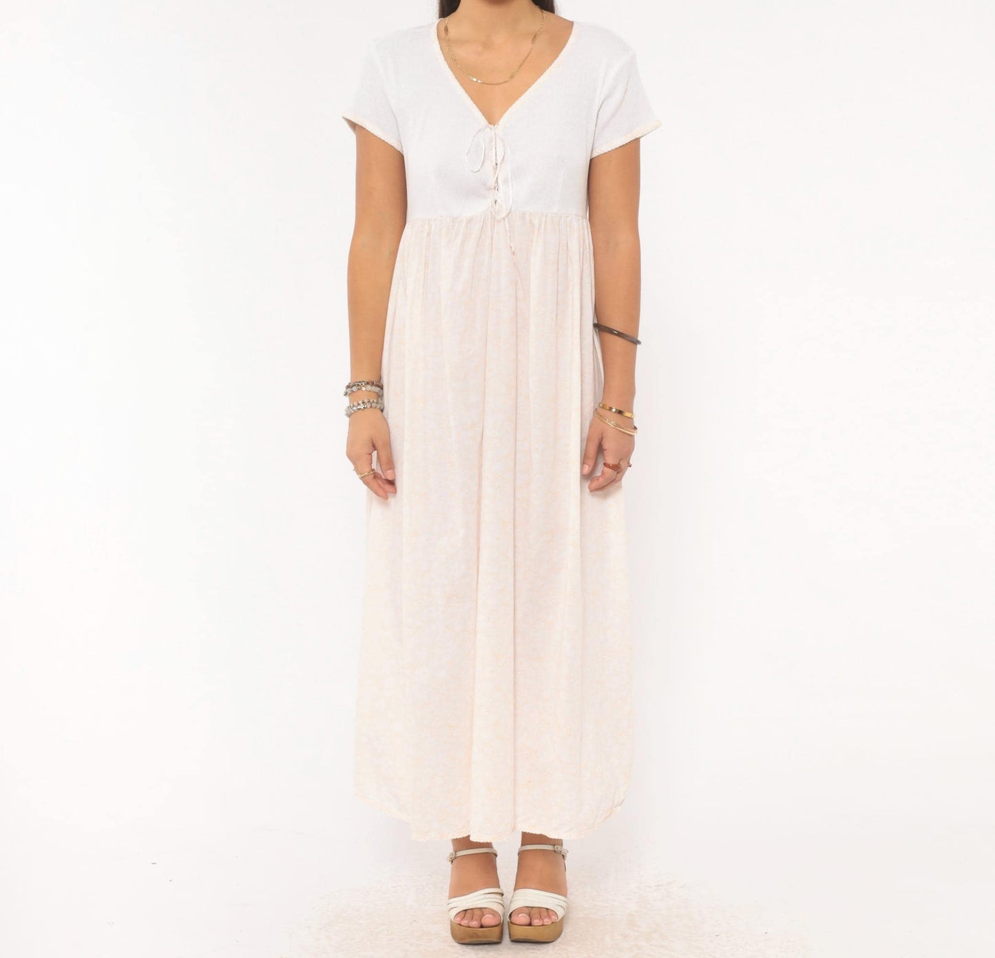 90s Victoria's Secret Floral Maxi Dress White Cotton Empire Waist Small S