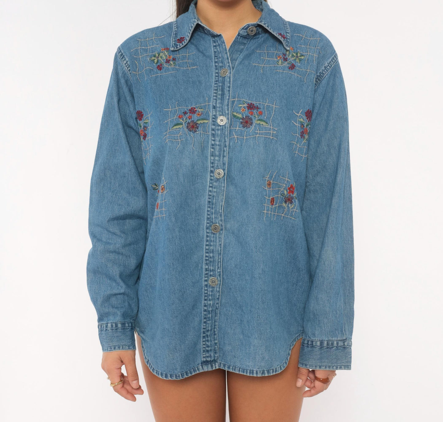 90s Floral Embroidered Denim Shirt Cotton Button-Up Lattice Trellis Large L