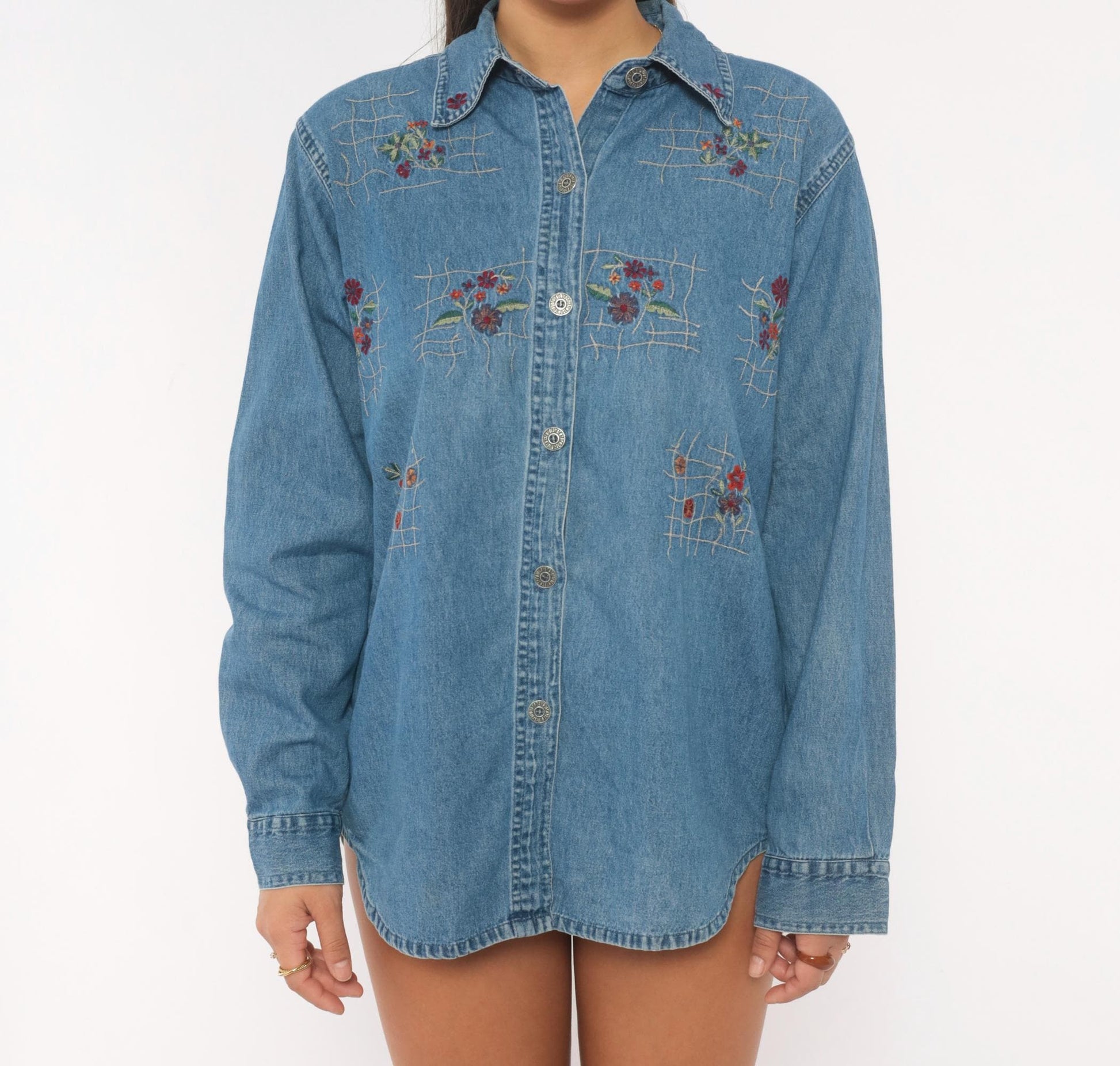 90s Floral Embroidered Denim Shirt Cotton Button-Up Lattice Trellis Large L