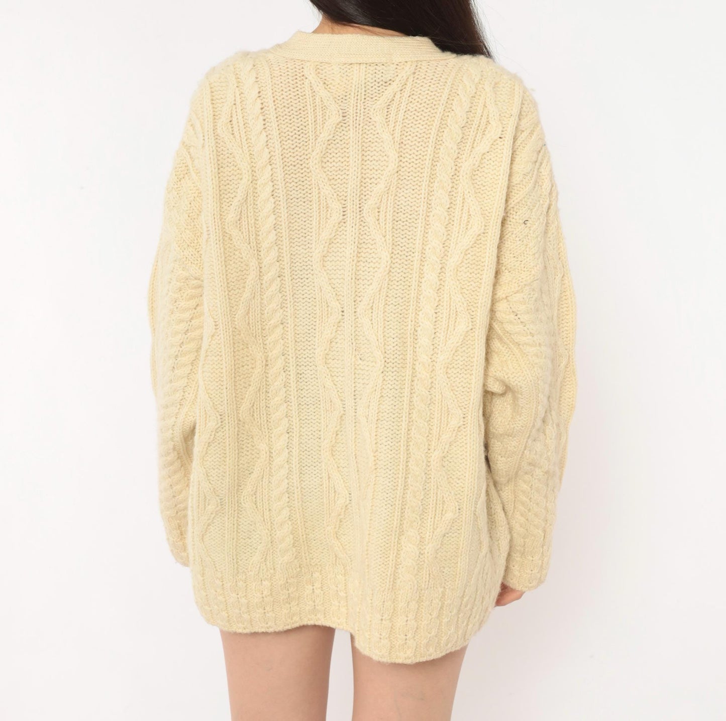 80s Celtic Country Cable Knit Cardigan Cream Wool Button Front Large L