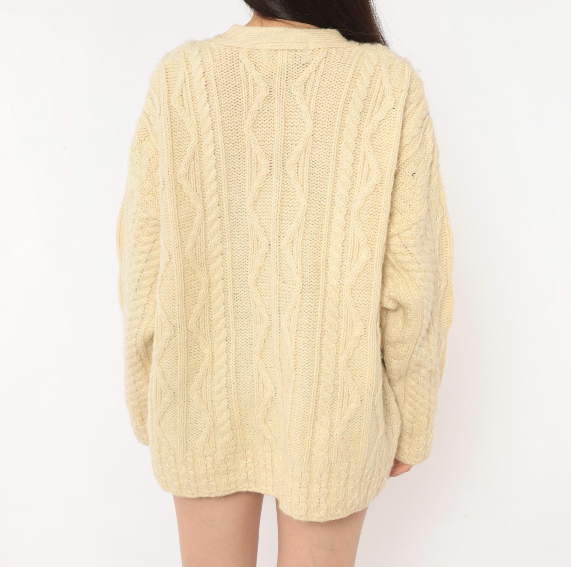 80s Celtic Country Cable Knit Cardigan Cream Wool Button Front Large L