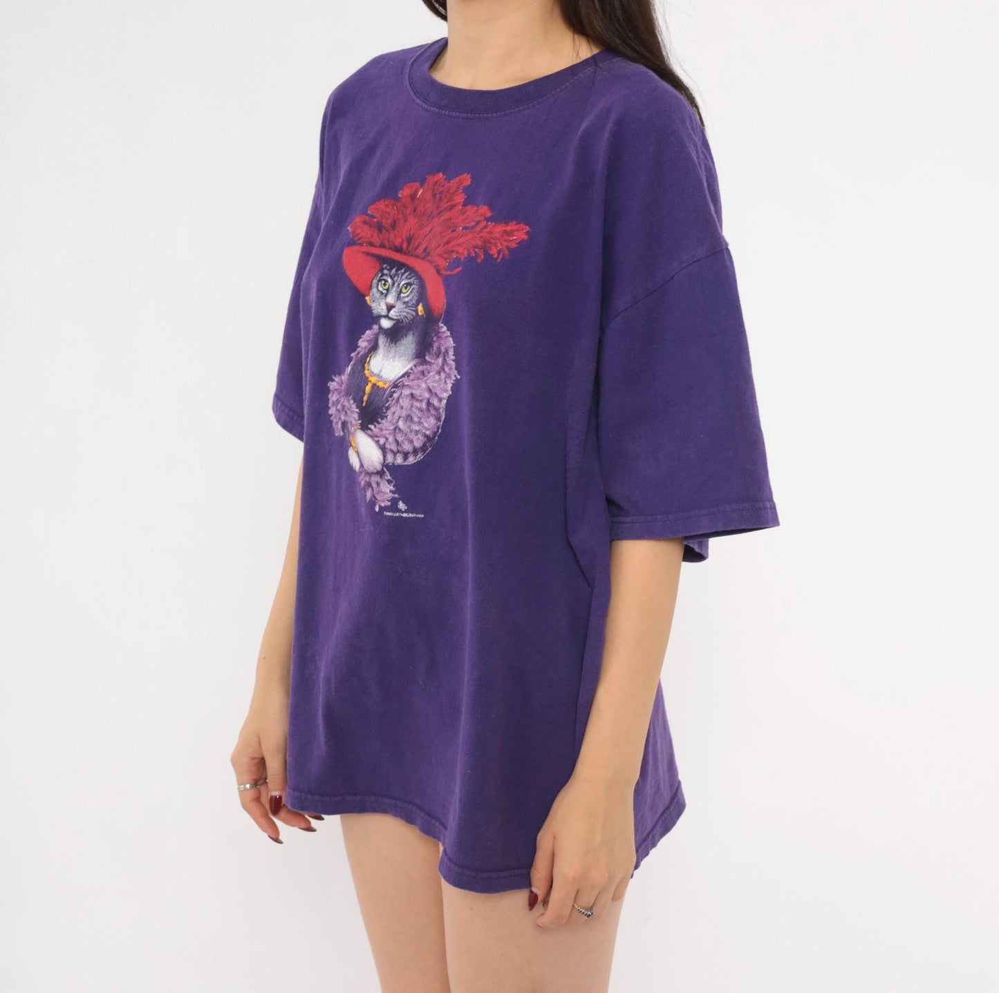 Y2K Gildan Cat Graphic Tee Purple Feather Boa Red Hat Extra Large XL