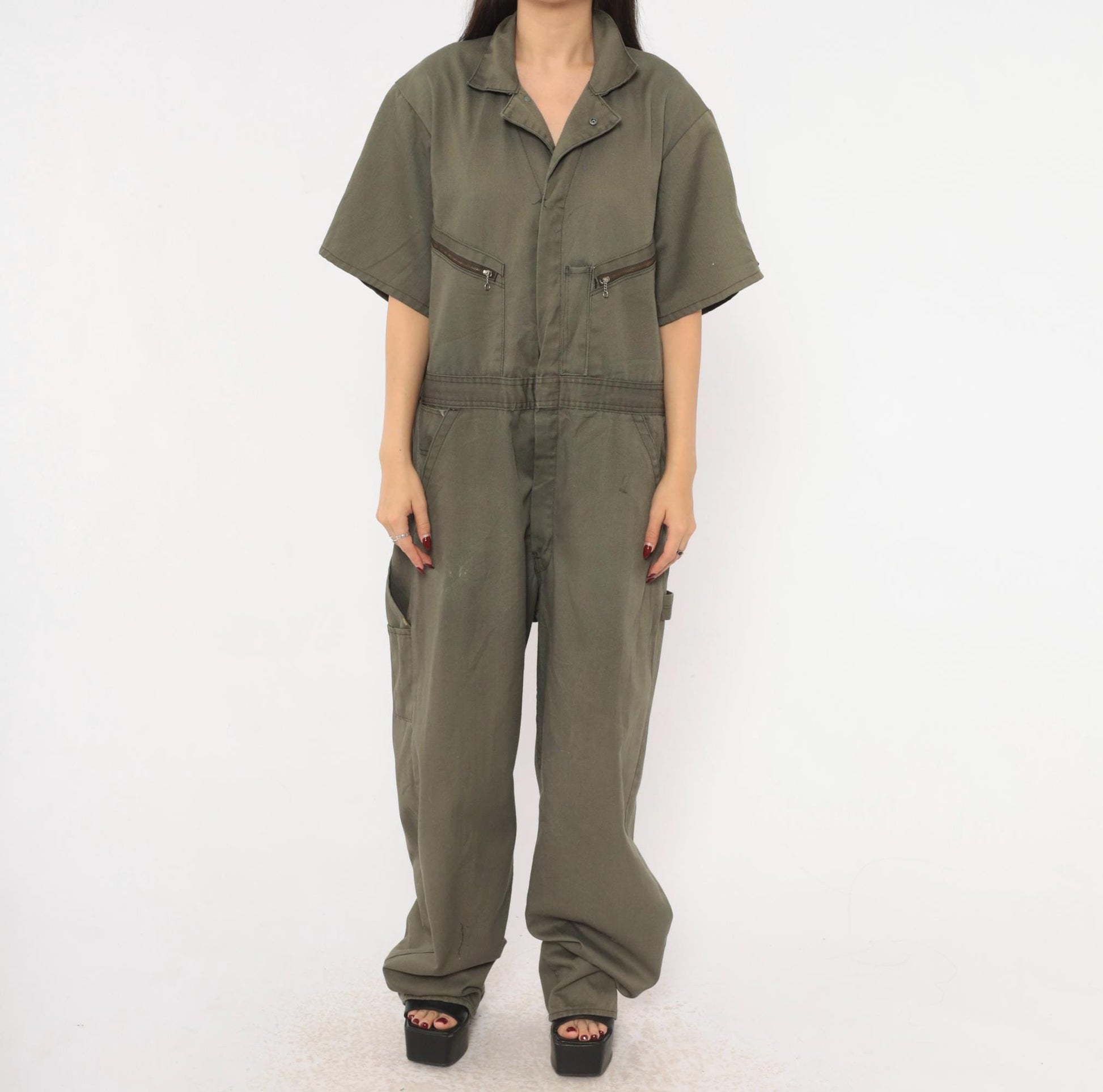 90s Dickies Olive Coveralls Zip Front Short Sleeve Jumpsuit Workwear Extra Large
