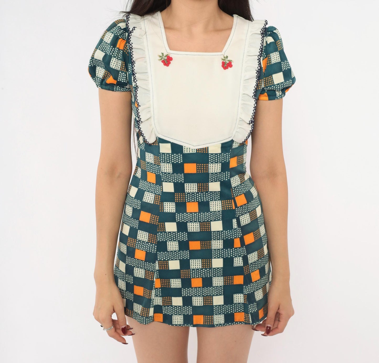 70s Navy Mini Dress Cherry Embroidered Geometric Puff Sleeve Bib Front Extra Small
