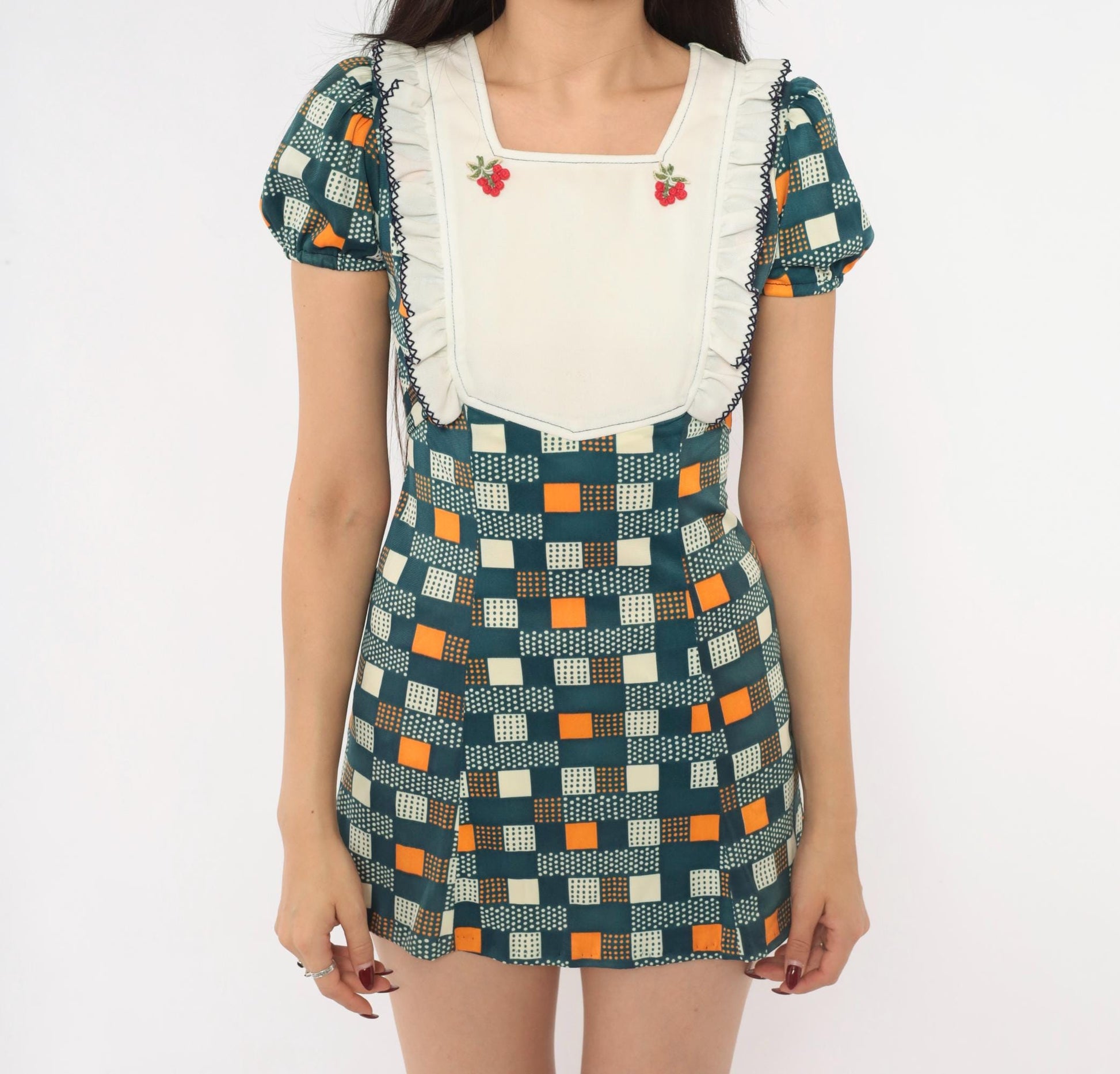 70s Navy Mini Dress Cherry Embroidered Geometric Puff Sleeve Bib Front Extra Small