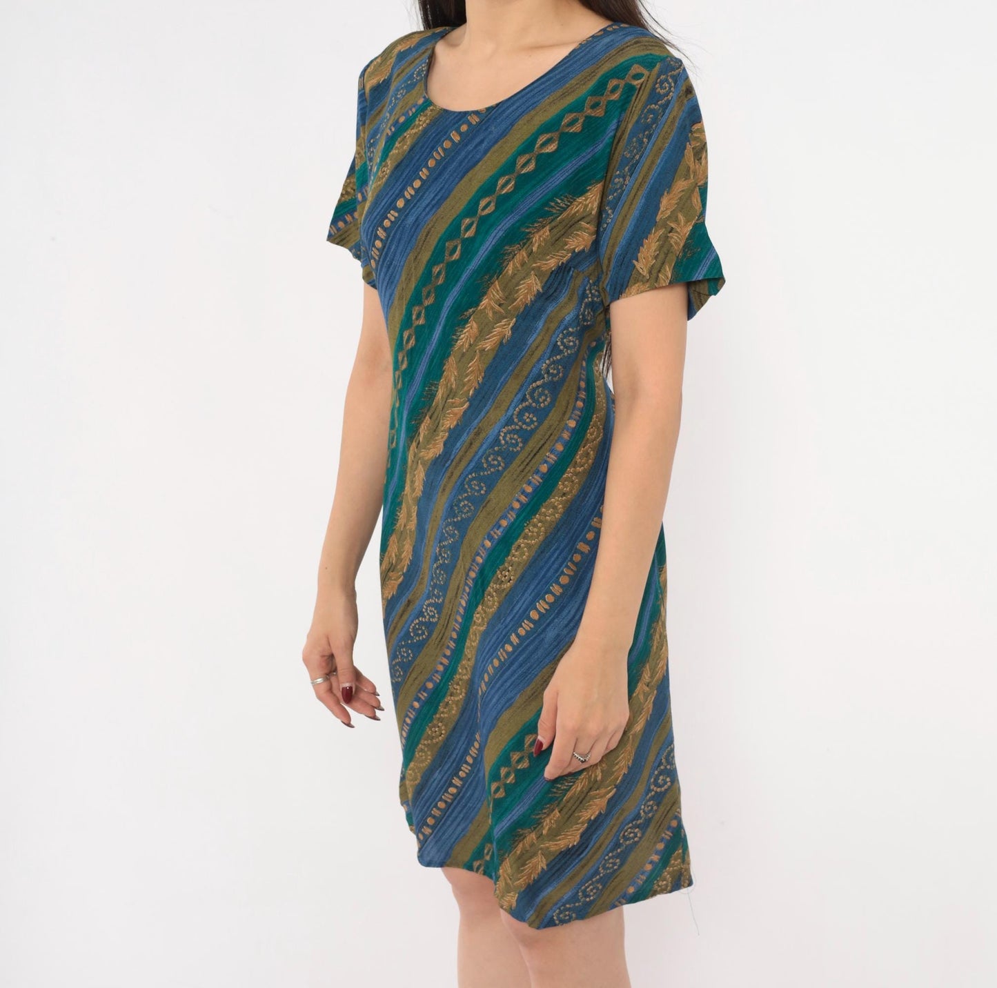 90s Tribal Geometric Sundress Blue Teal Gold Diagonal Stripe A-Line Medium M