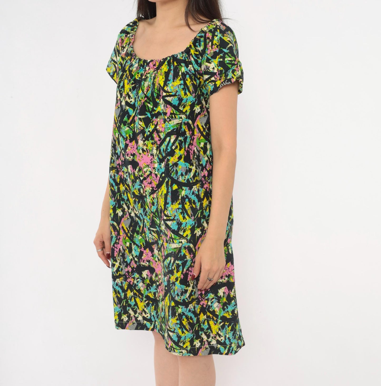 70s Splatter Paint Shift Dress Abstract Print Cotton A-Line Medium