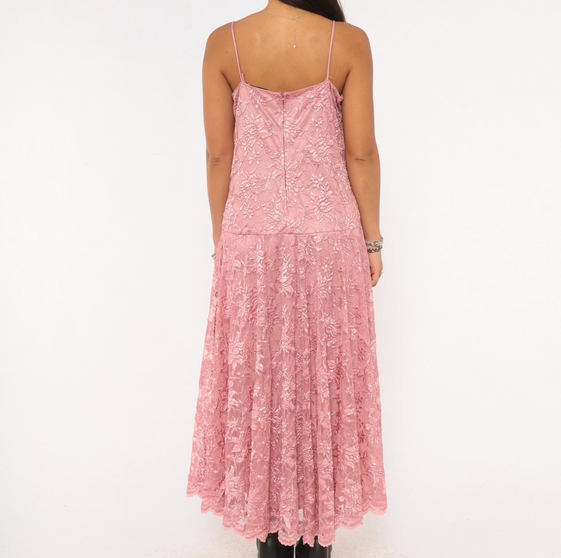 80s Pat Richards Pink Lace Maxi Dress Floral Embroidered Drop Waist Medium