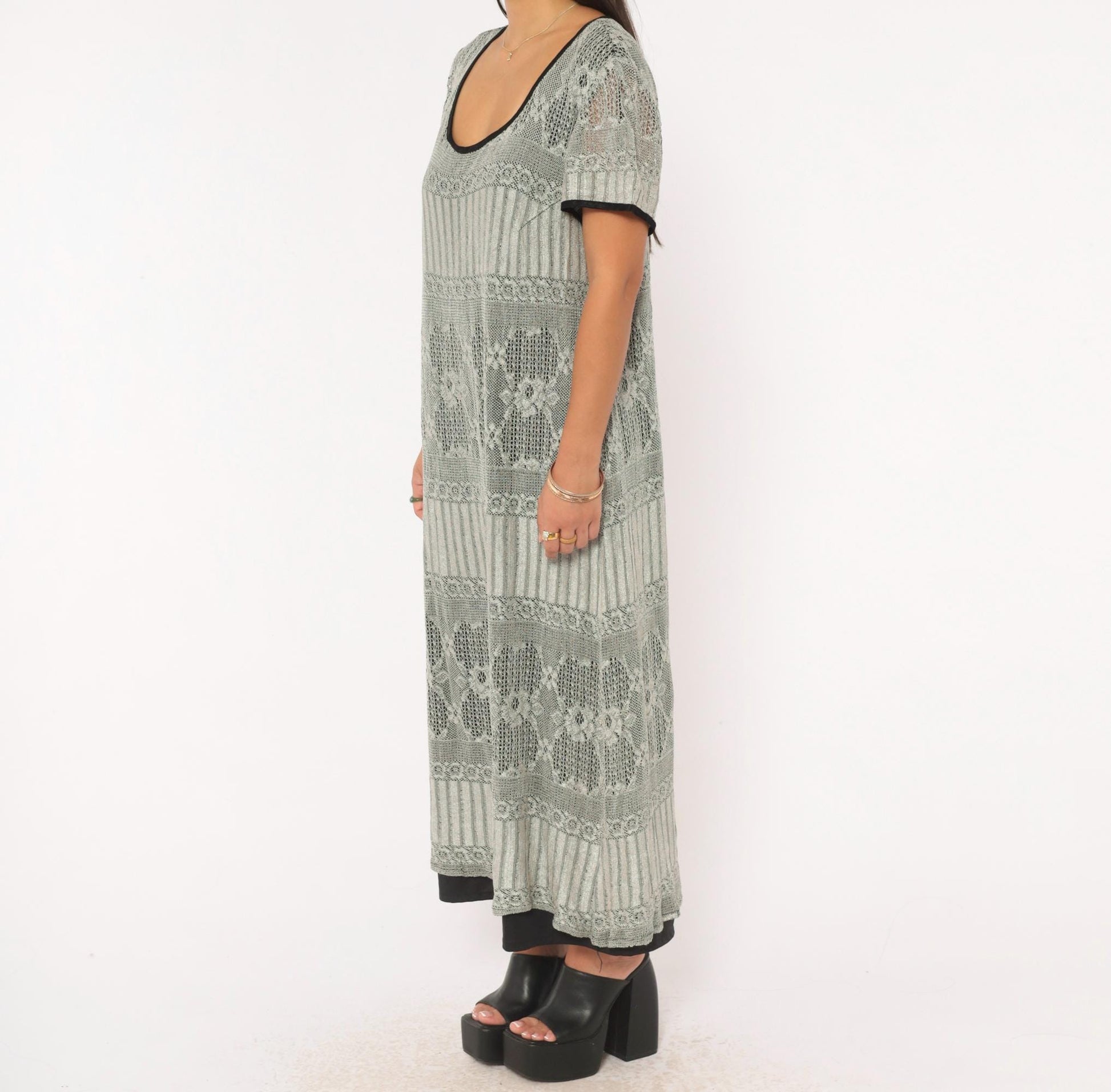 90s Grey Diamond Lace Knit Maxi Dress A-Line Short Sleeve Large L