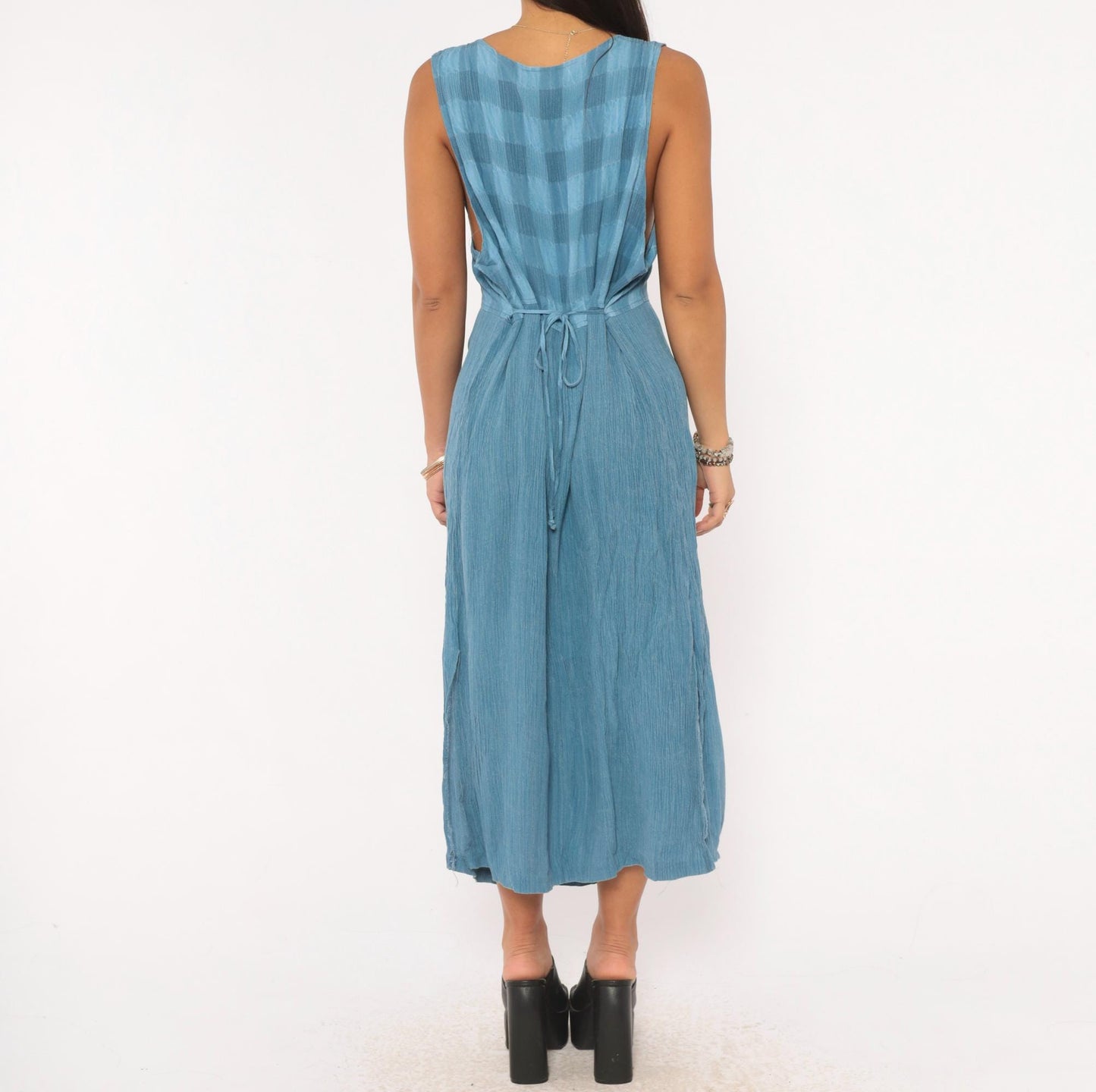 90s Whirlaway Frocks Blue Gingham Midi Dress Tie Back V Neck Large L