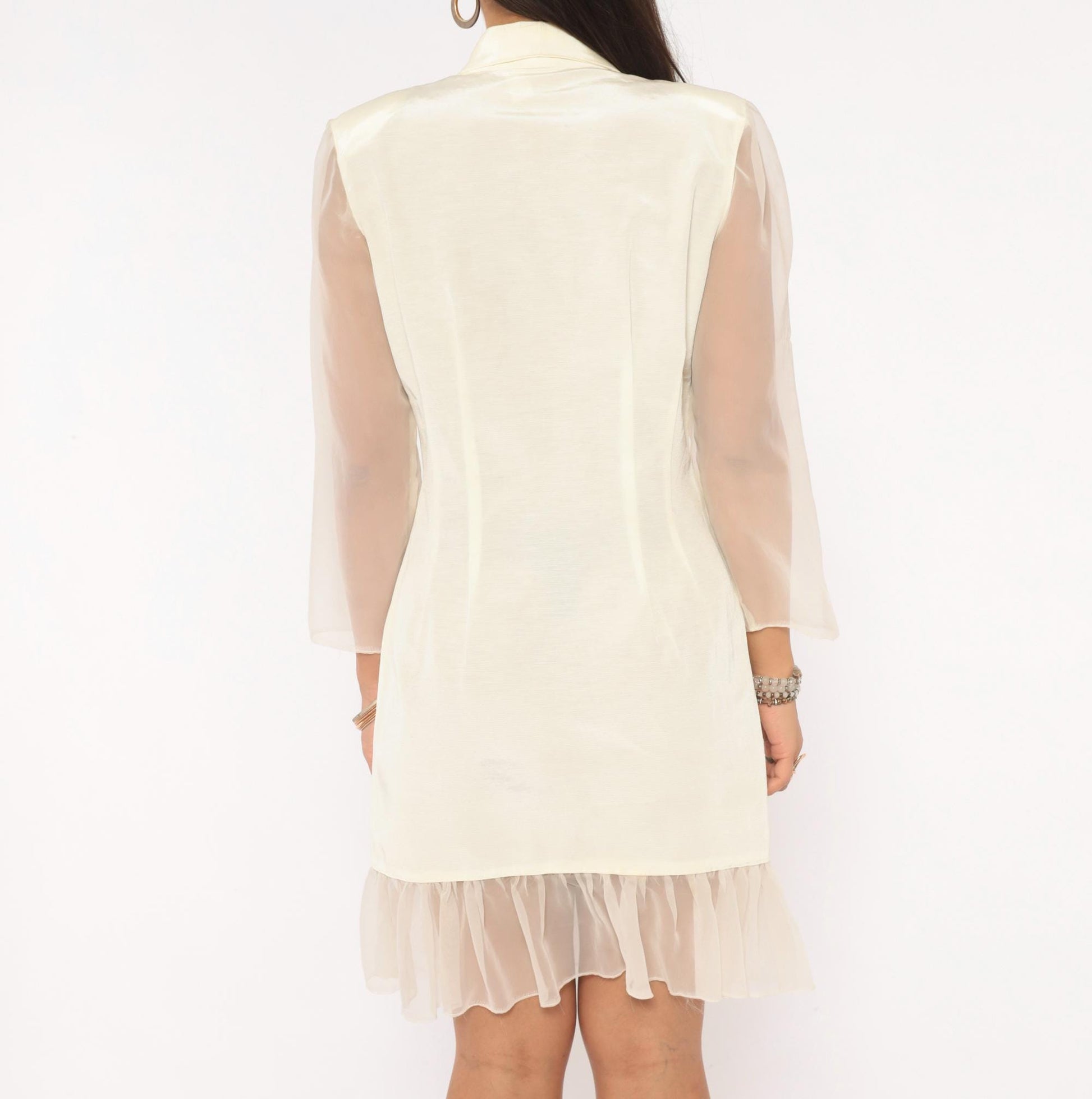 90s Cream Double Breasted Blazer Dress Gold Buttons Sheer Organza Mini Large L